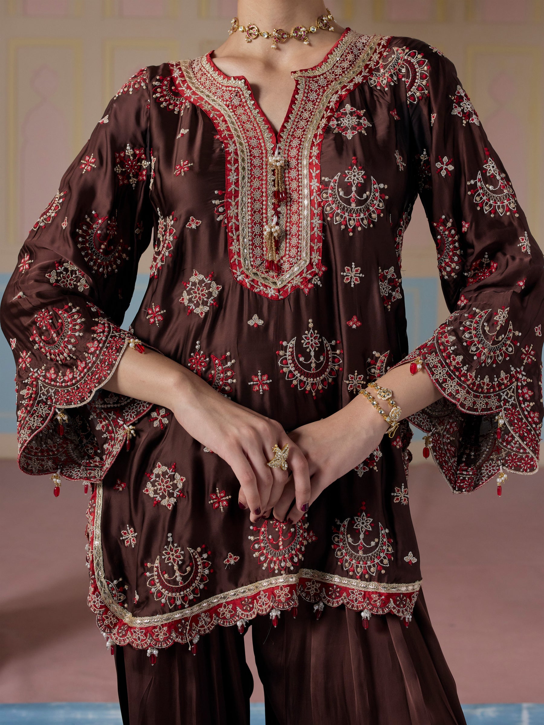 Jori Cupro Satin Brown Kurta With Farshi Salwar