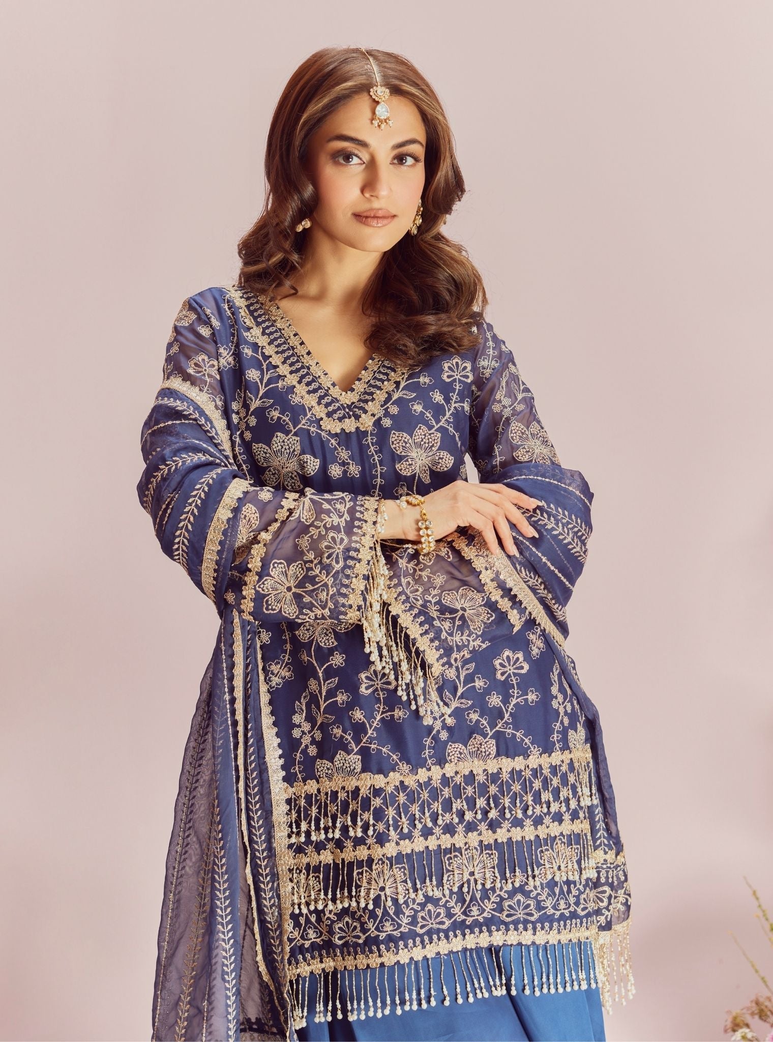 Mulmul Organza Raag Navy Kurta With Mulmul Cupro Satin Raag Navy Sharara