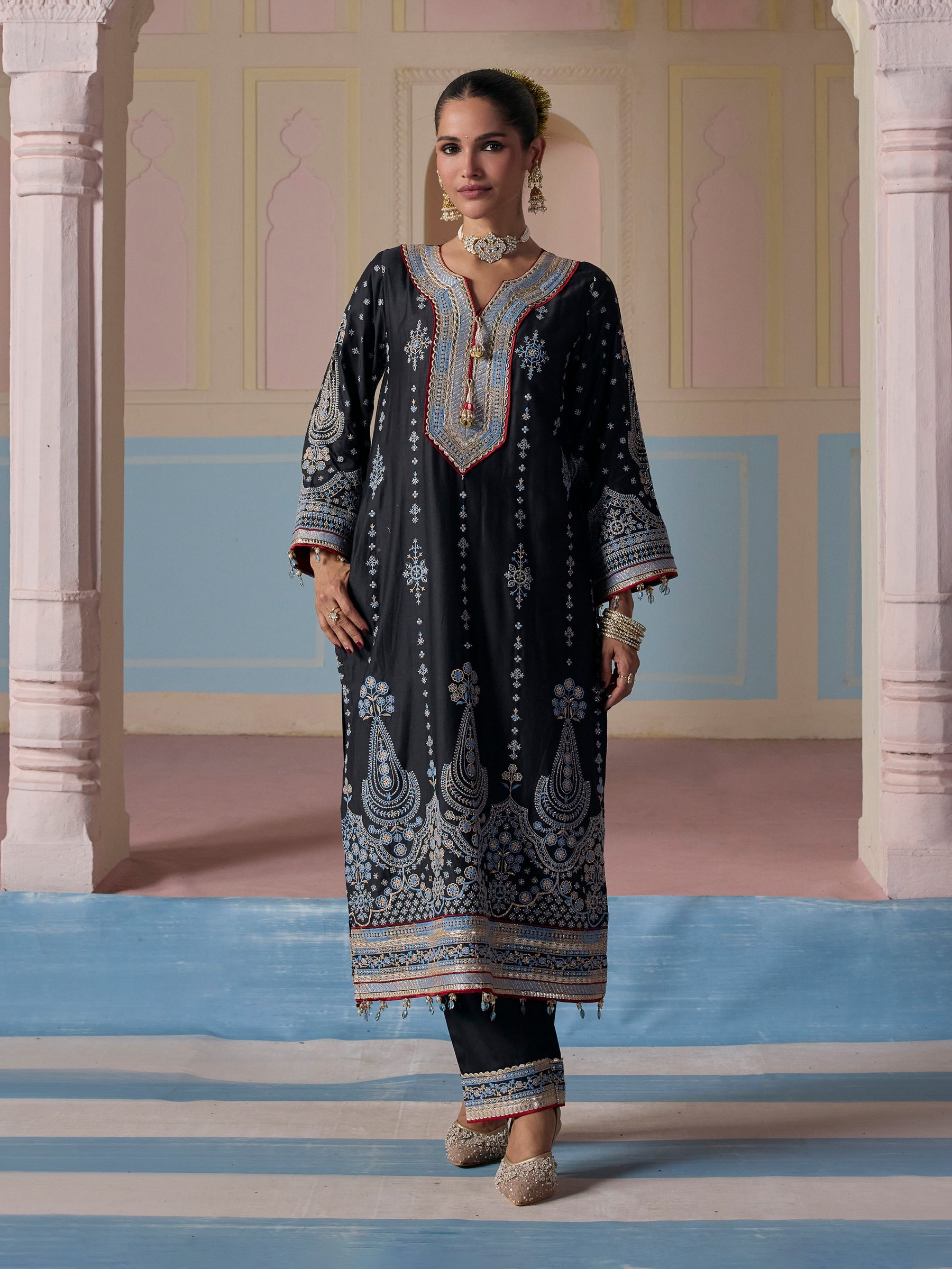 Ovee Pima Satin Black Long Kurta Set