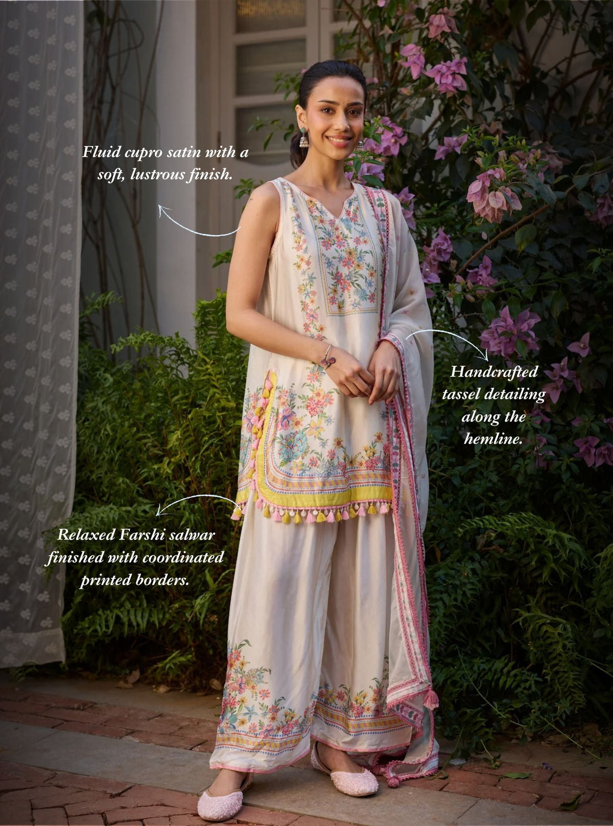 Zivae Cupro Satin Printed Off White Kurta With Farshi Salwar