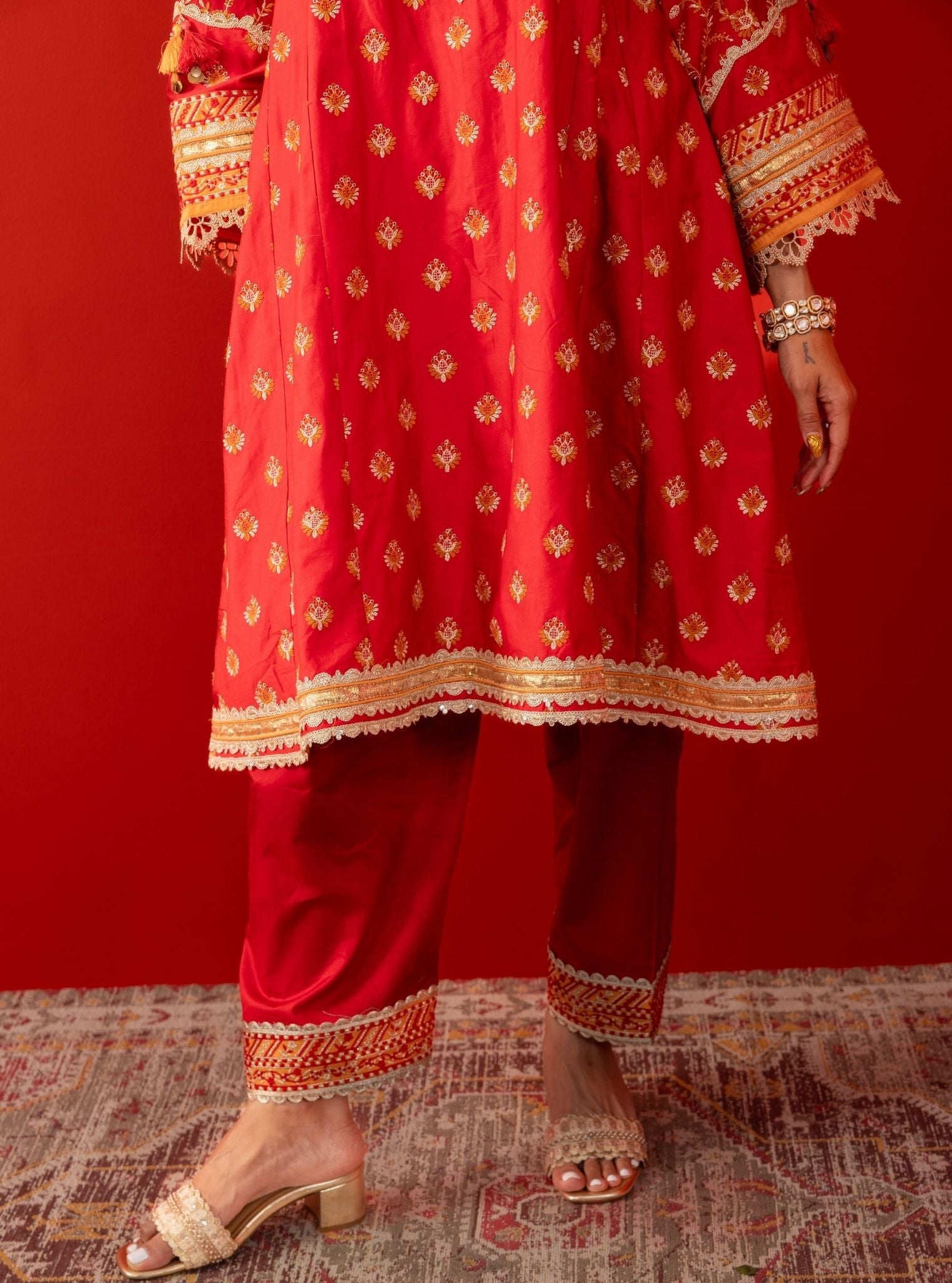 Mulmul Pima Satin Bandhan Red Kurta With Mulmul Pima Satin Bandhan Red Pant
