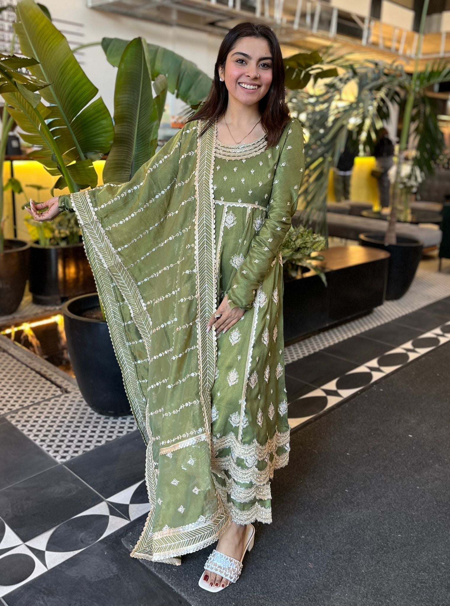 Mulmul Tissue Linen Satin Gulabo Green Anarkali Kurta With Mulmul Tissue Linen Satin Gulabo Green pant