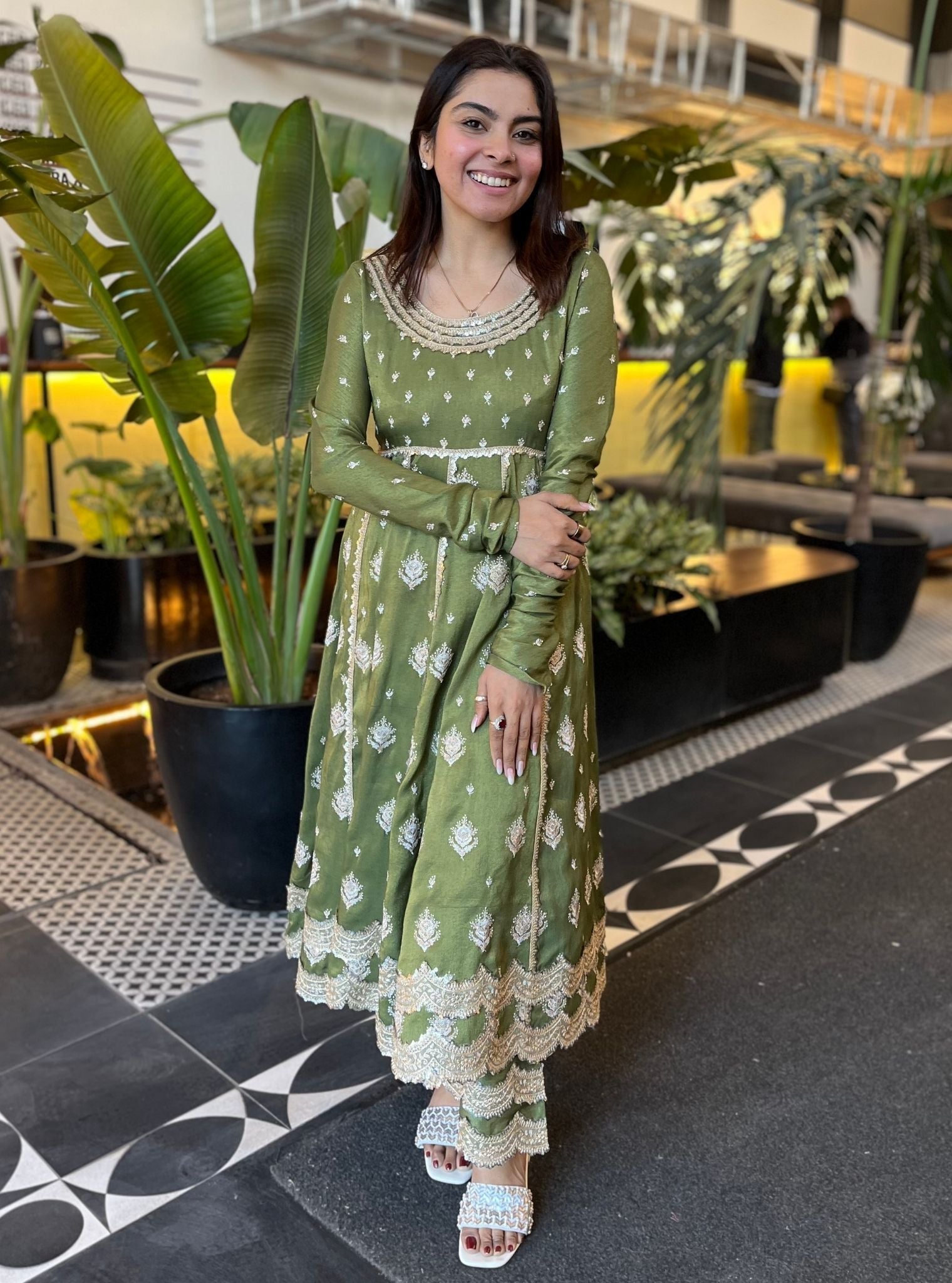 Mulmul Tissue Linen Satin Gulabo Green Anarkali Kurta With Mulmul Tissue Linen Satin Gulabo Green pant