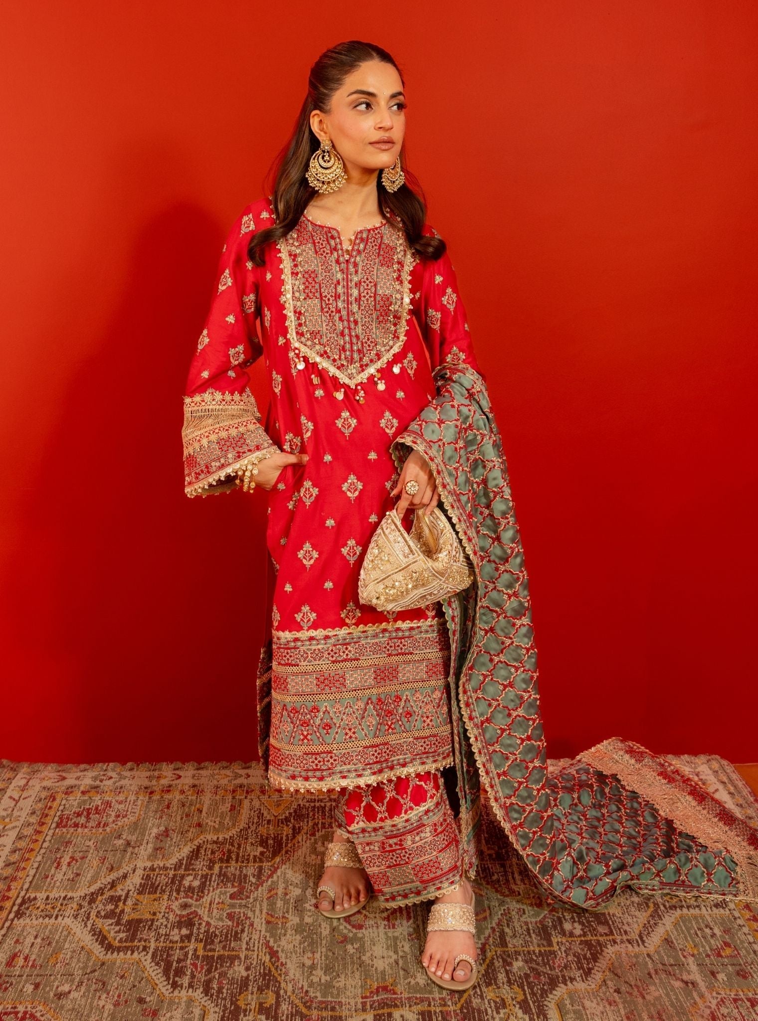 Mulmul Pima Satin Shagun Red Kurta With Mulmul Pima Satin Shagun Red Pant