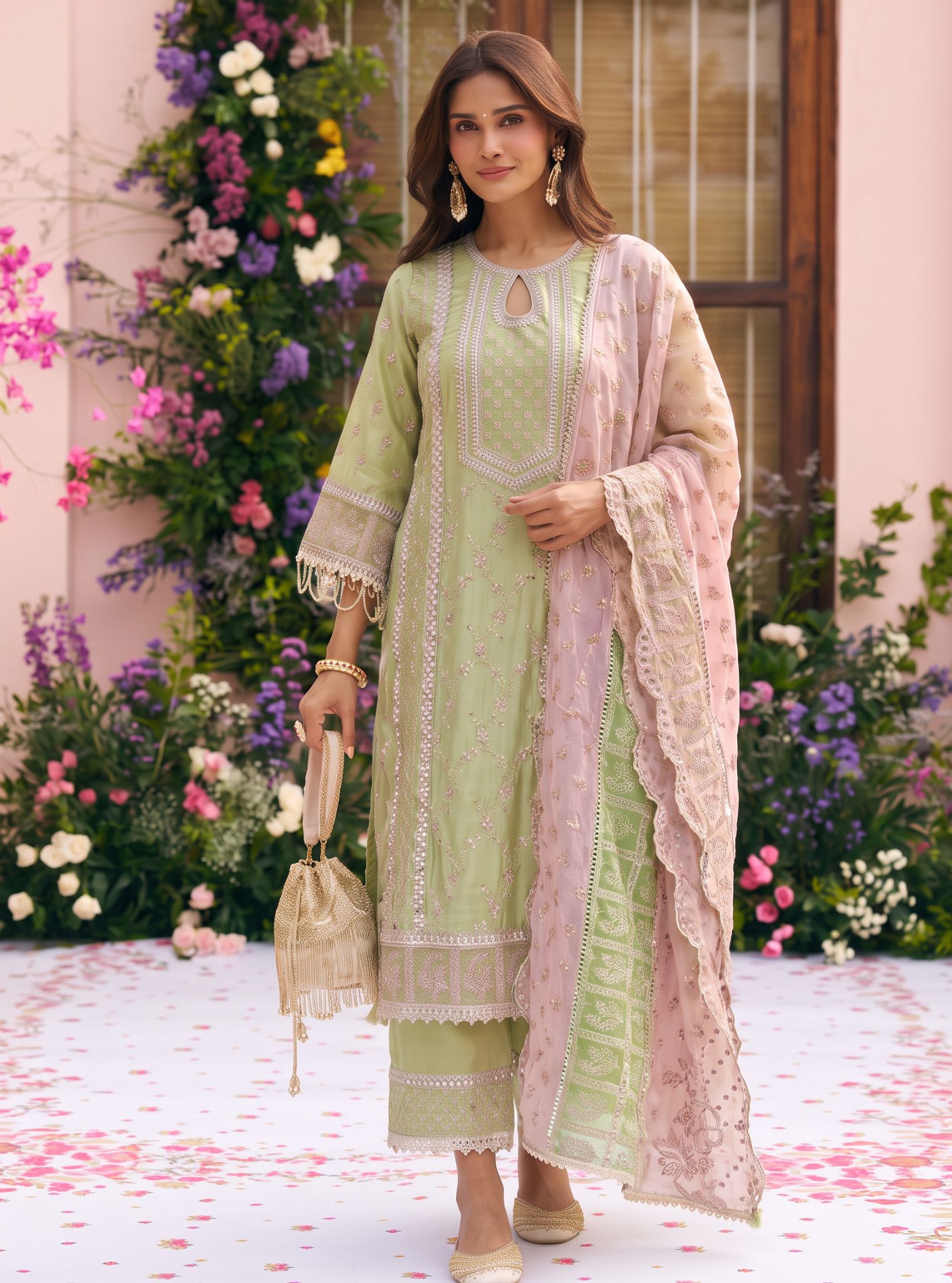 Briti Pima Satin Pista Green Kurta Set