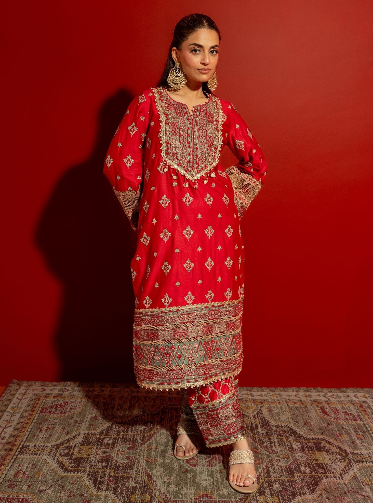 Mulmul Pima Satin Shagun Red Kurta With Mulmul Pima Satin Shagun Red Pant