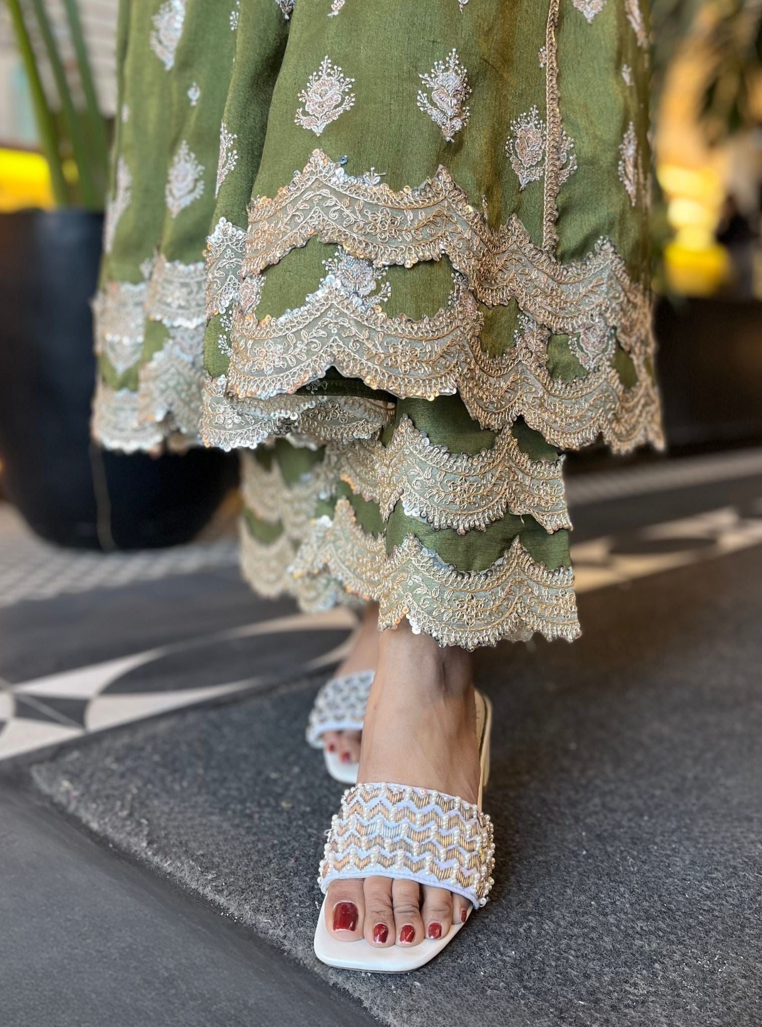 Mulmul Tissue Linen Satin Gulabo Green Anarkali Kurta With Mulmul Tissue Linen Satin Gulabo Green pant