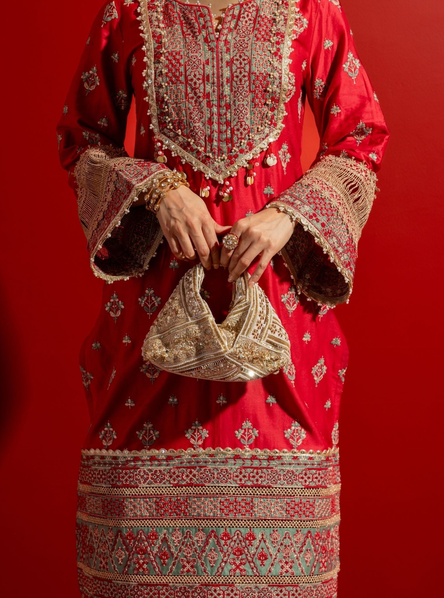 Mulmul Pima Satin Shagun Red Kurta With Mulmul Pima Satin Shagun Red Pant