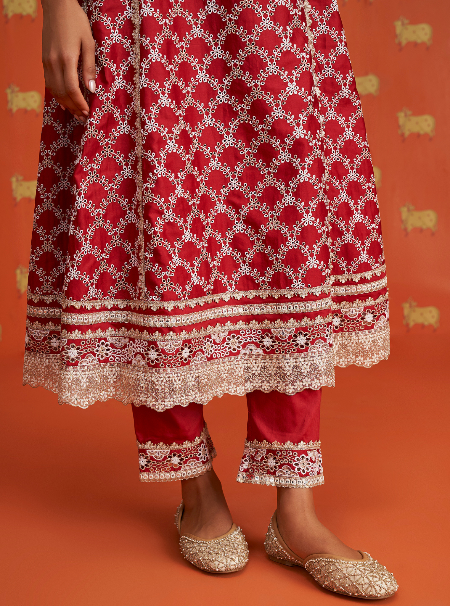 Caem Pima Satin Red Kurta Set