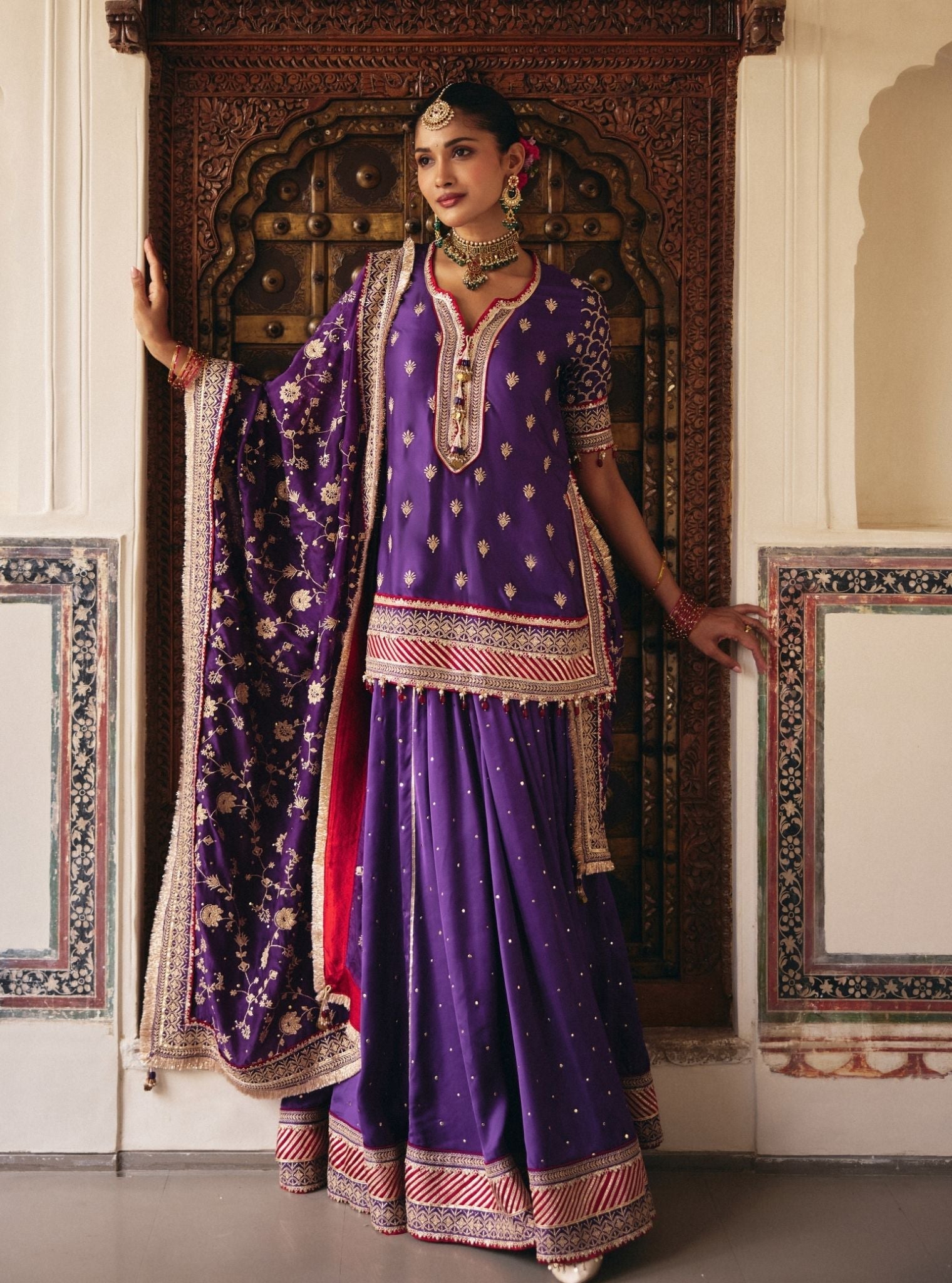 Talai Cupro Satin Purple Short Kurta with Lehenga
