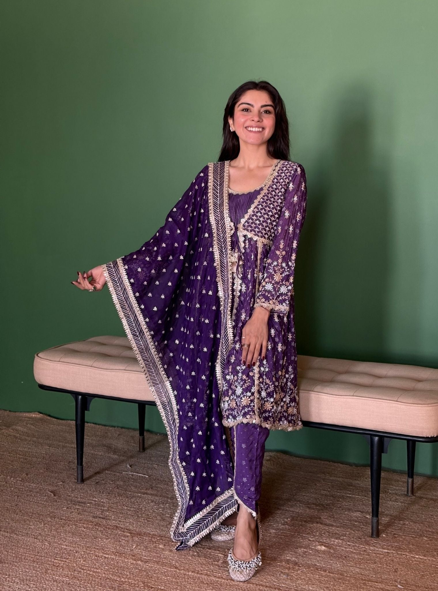 Nyah Banarsi Purple Short Anarkali Kurta Set