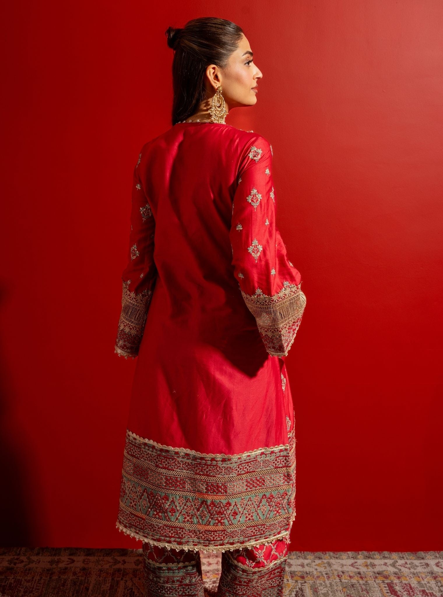 Mulmul Pima Satin Shagun Red Kurta With Mulmul Pima Satin Shagun Red Pant