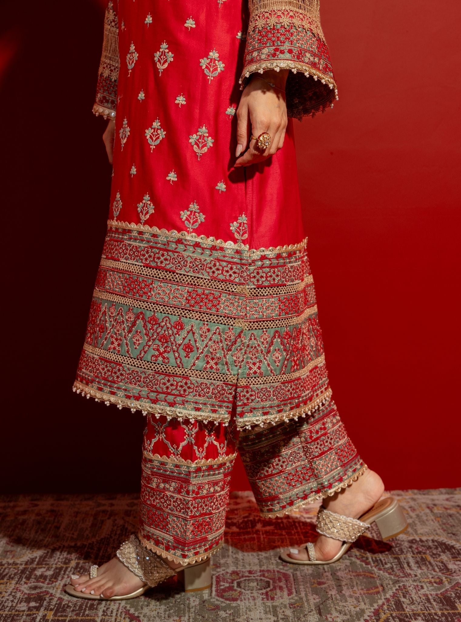 Mulmul Pima Satin Shagun Red Kurta With Mulmul Pima Satin Shagun Red Pant