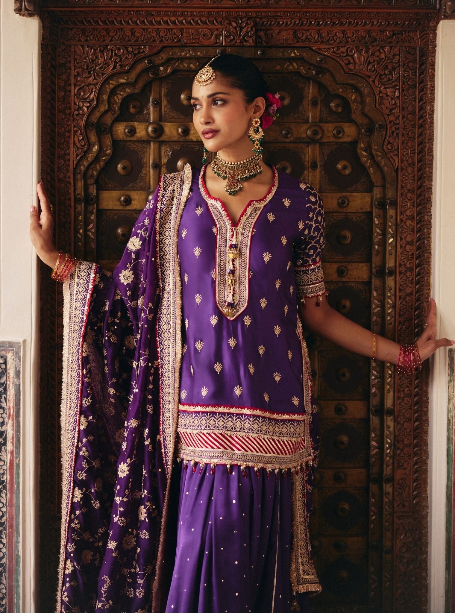 Talai Cupro Satin Purple Short Kurta with Lehenga