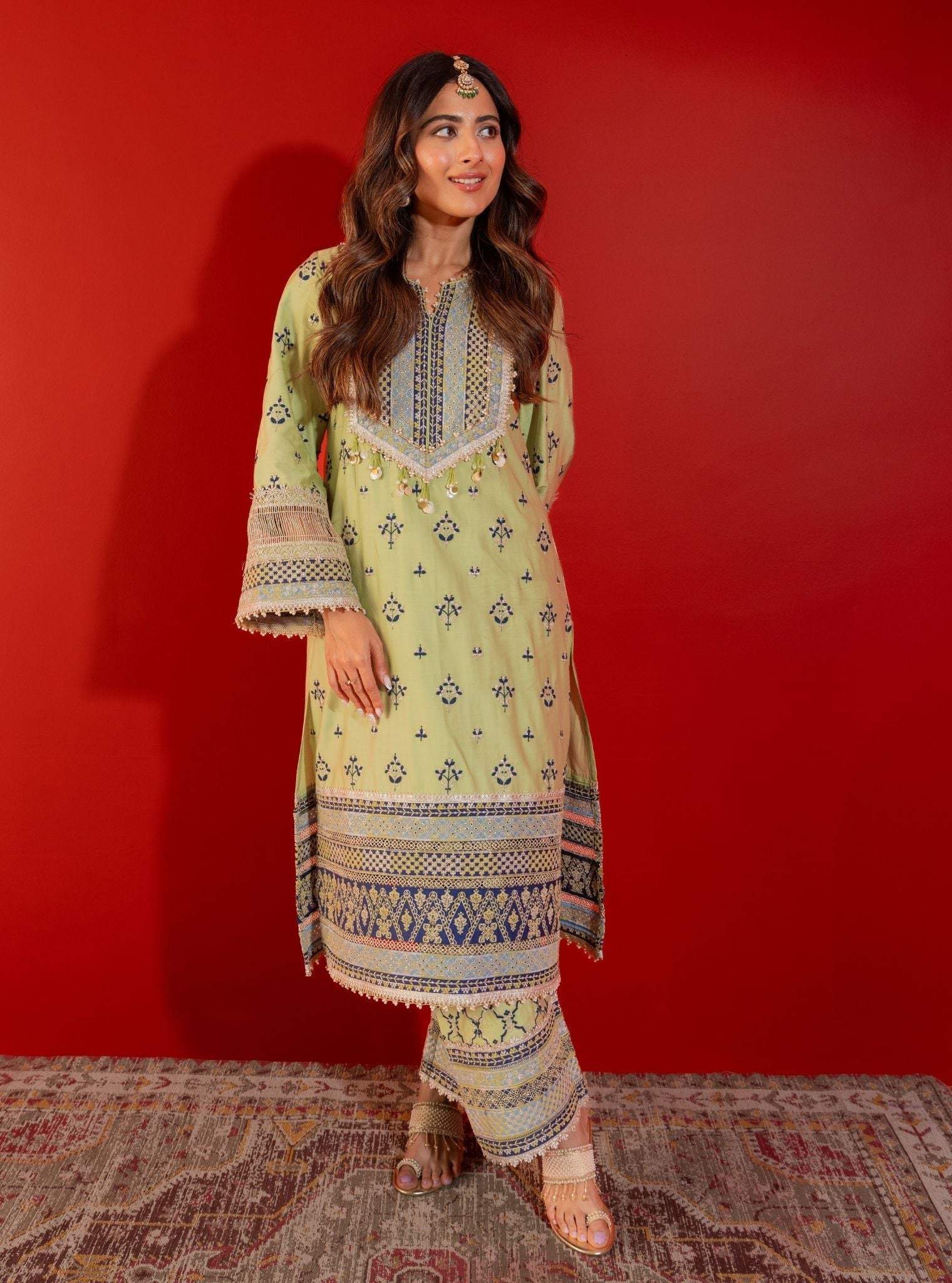 Mulmul Pima Satin Shagun Green Kurta With Mulmul Pima Satin Shagun Green Pant