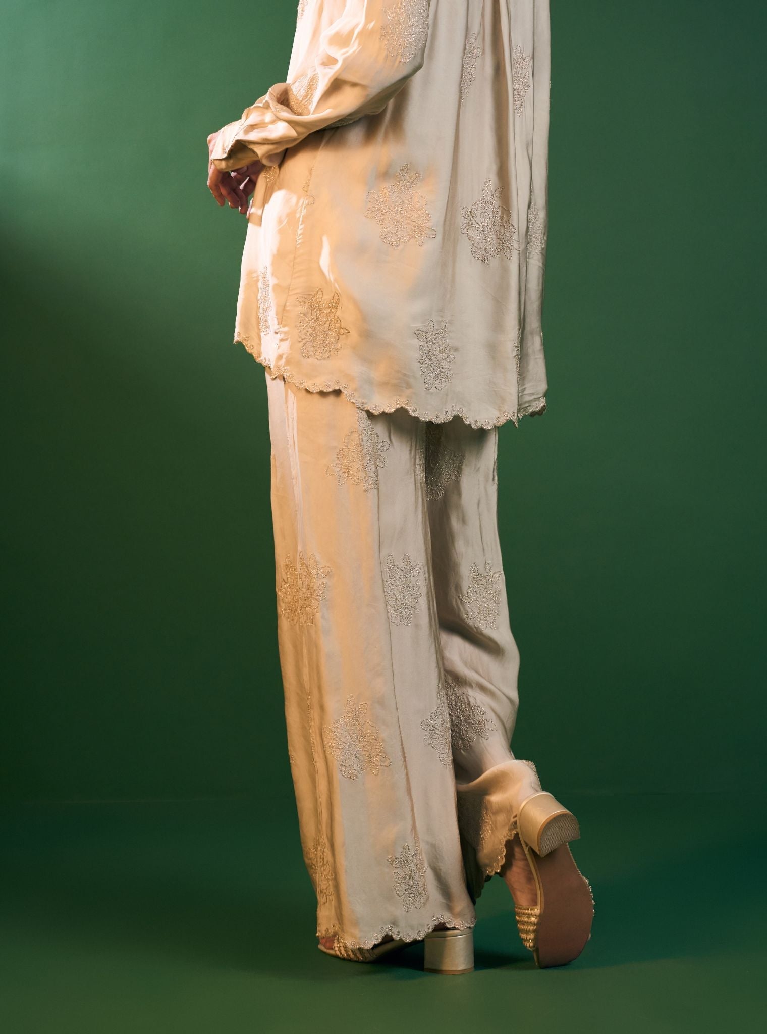 Mireille Cupro Satin Beige Shirt & Pant Set