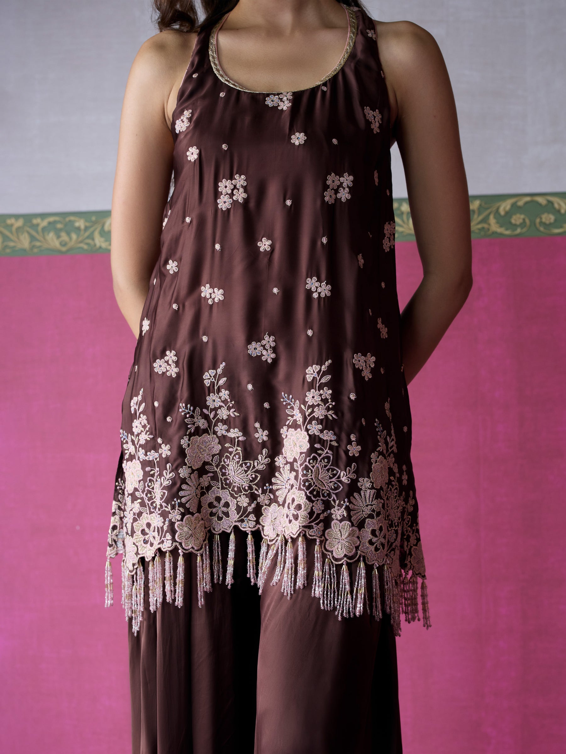 Nemi Cupro Satin Brown Short Kurta with Draped Pants