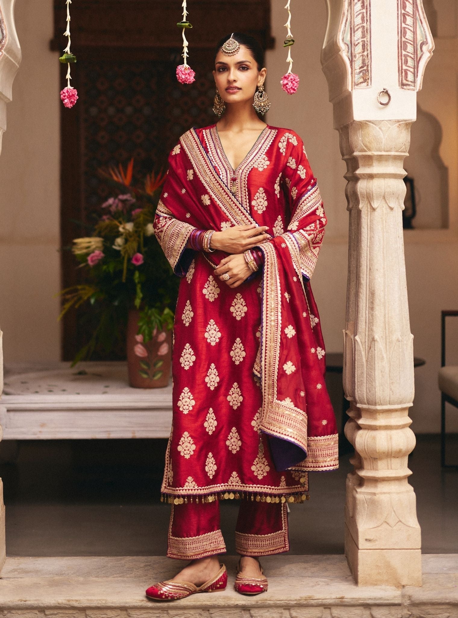 Bairi Bemberg Raw Silk Red Kurta Set