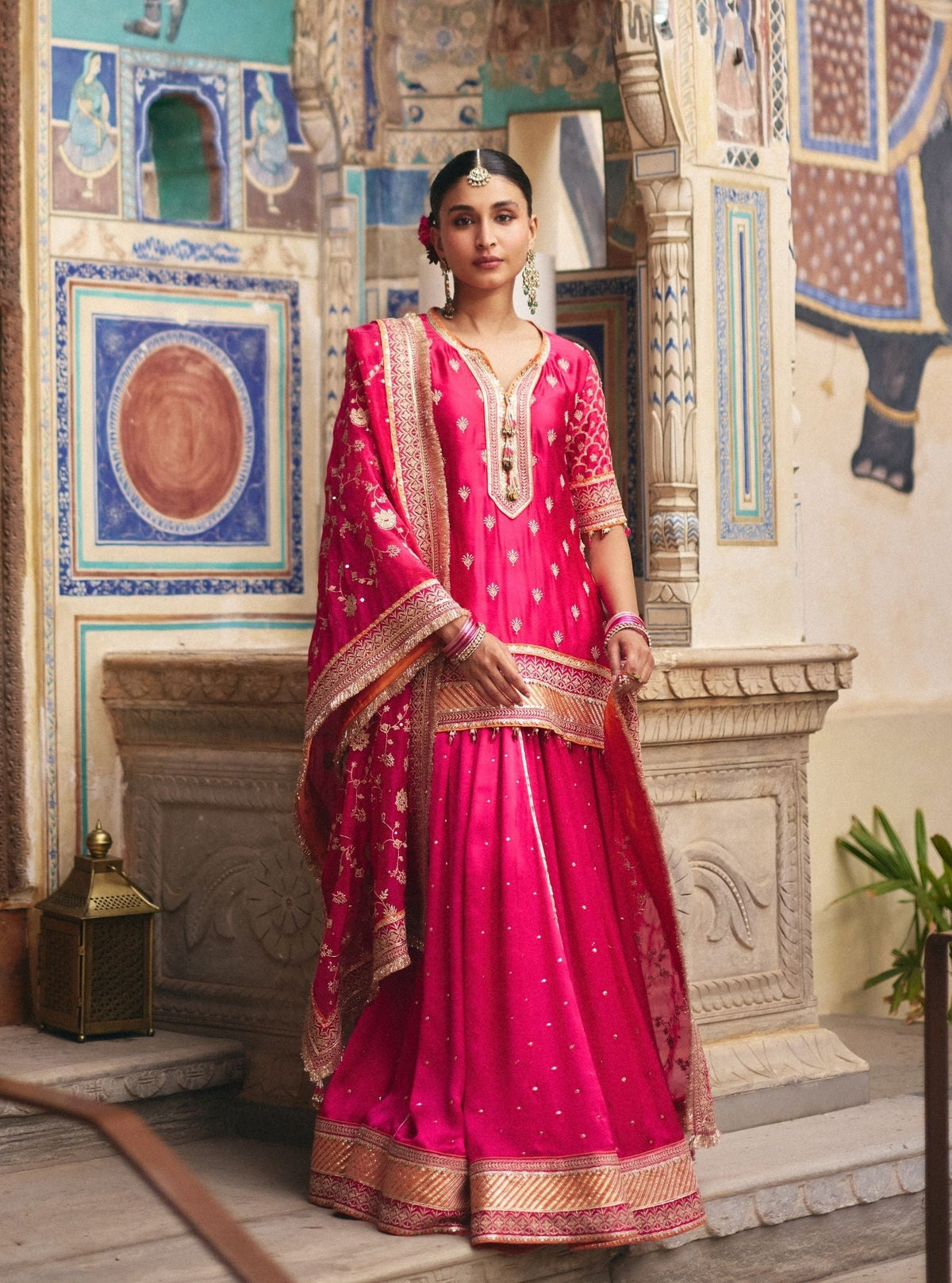 Talai Cupro Satin Fuchsia Short Kurta with Lehenga