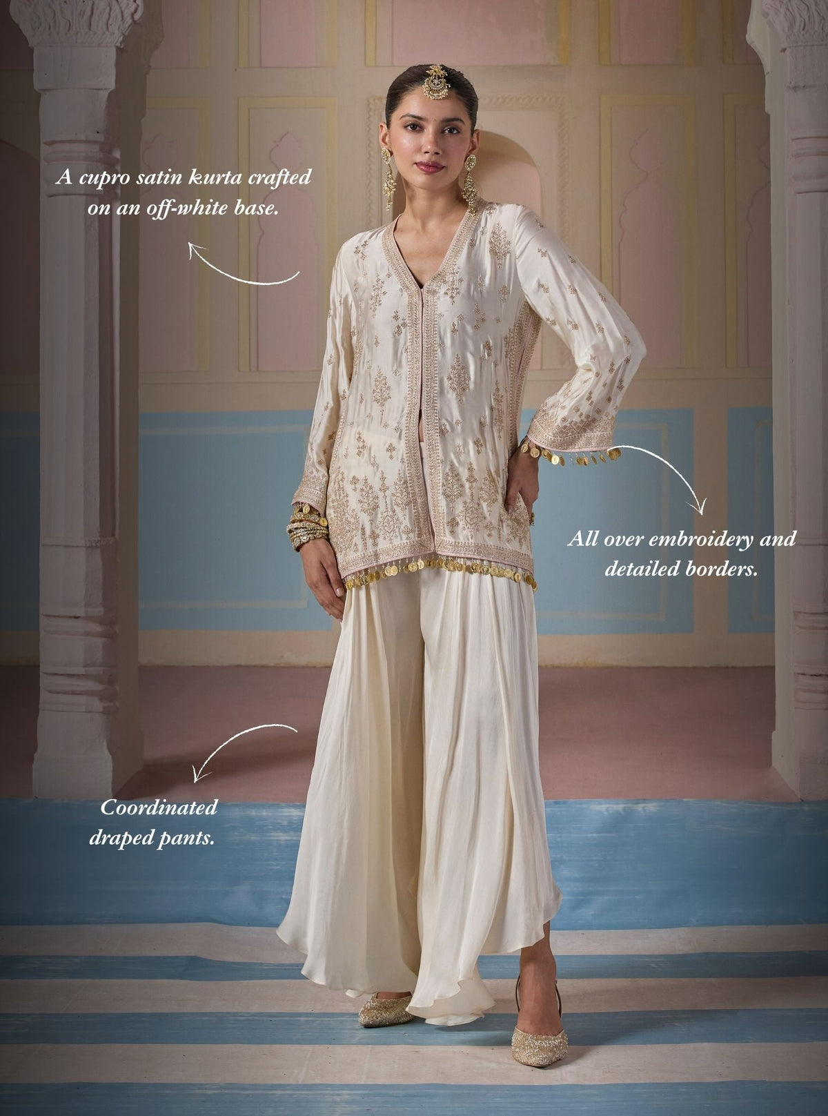 Laado Cupro Satin Off White Kurta with Draped Pants