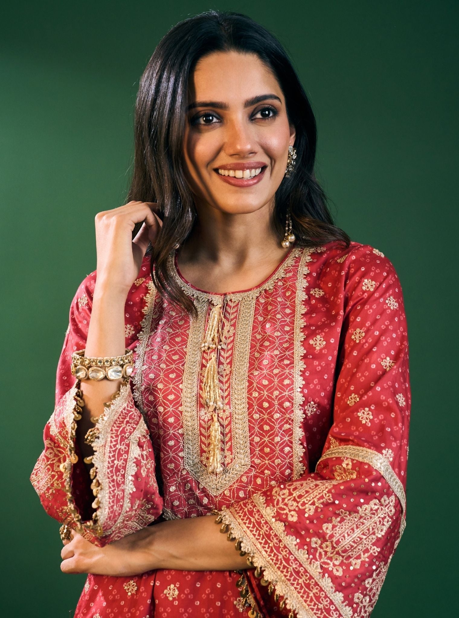 Lari Pima Satin Printed Red Kurta Set