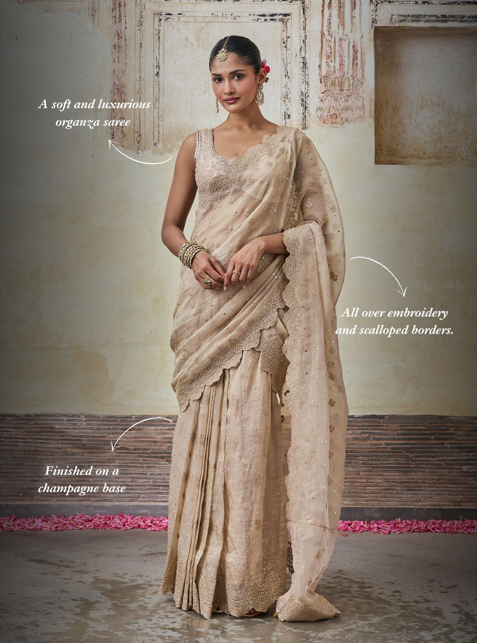 Adiva Lurex Organza Champagne Saree