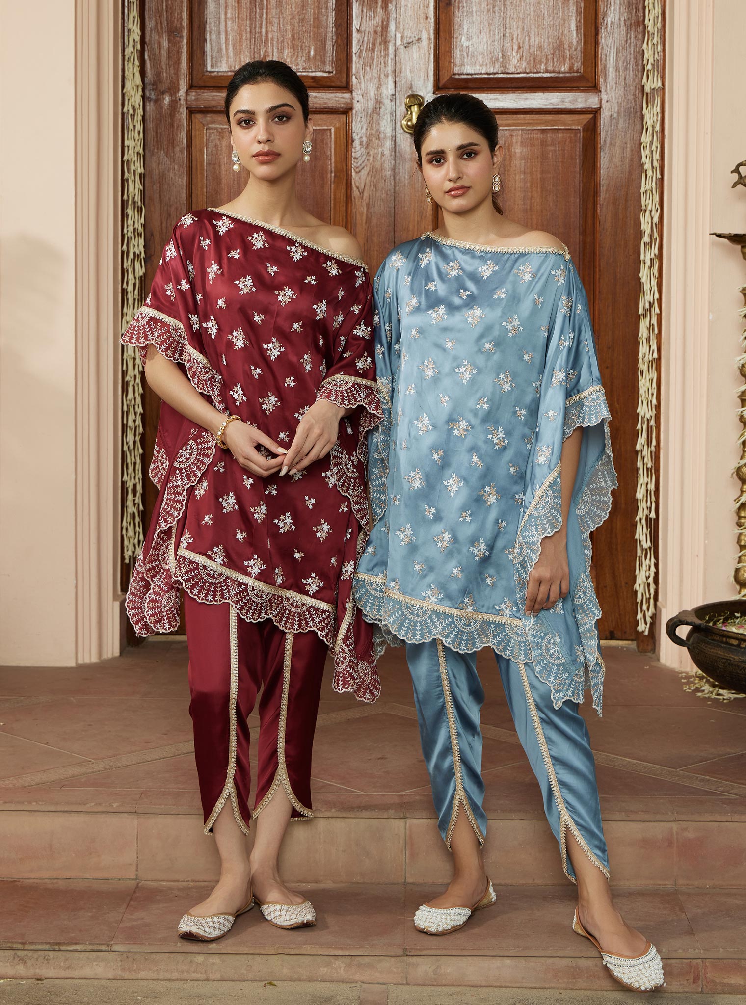 Kasuni Cupro Wine Kaftan with Dhoti Pant Set