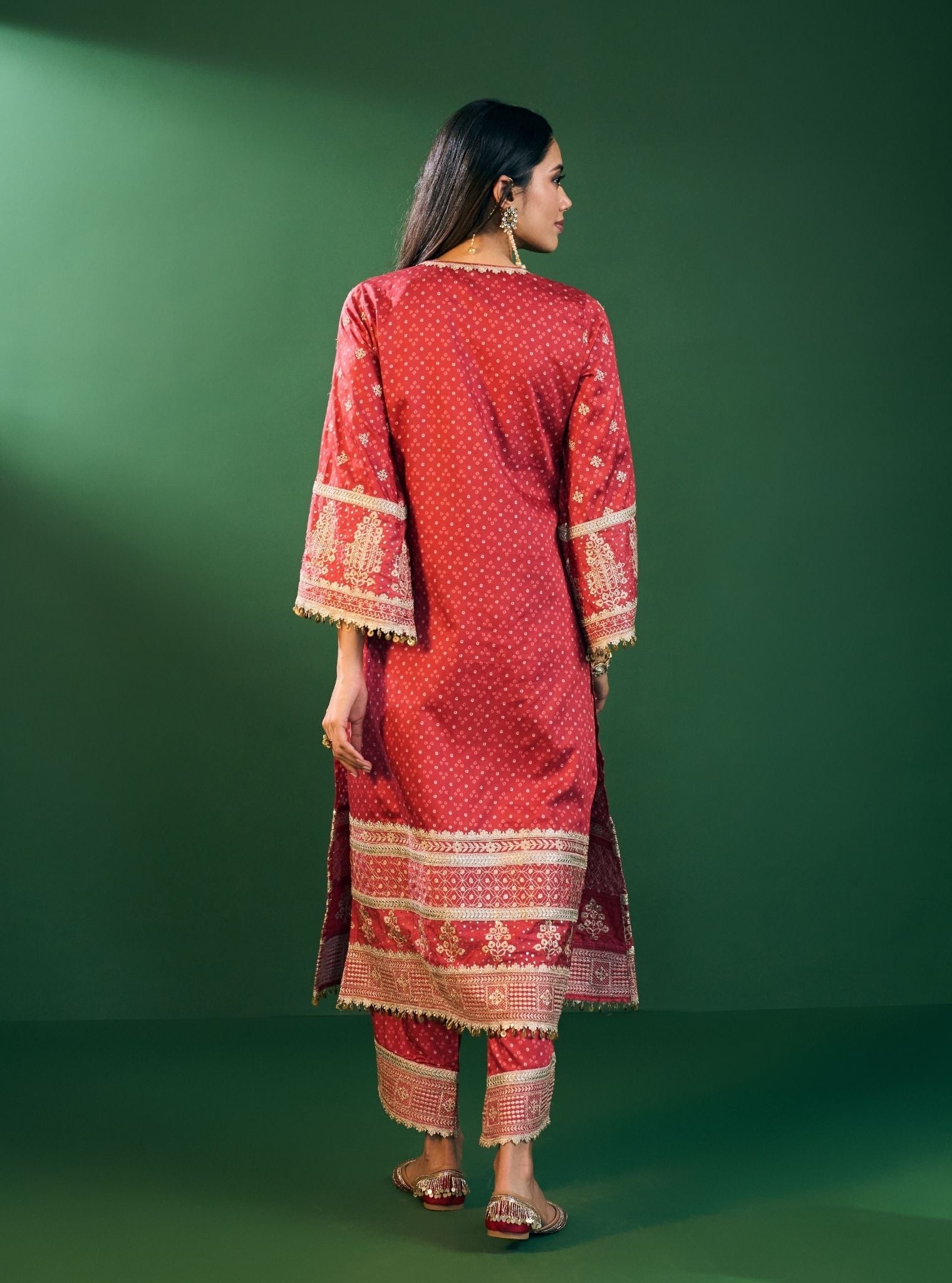 Lari Pima Satin Printed Red Kurta Set