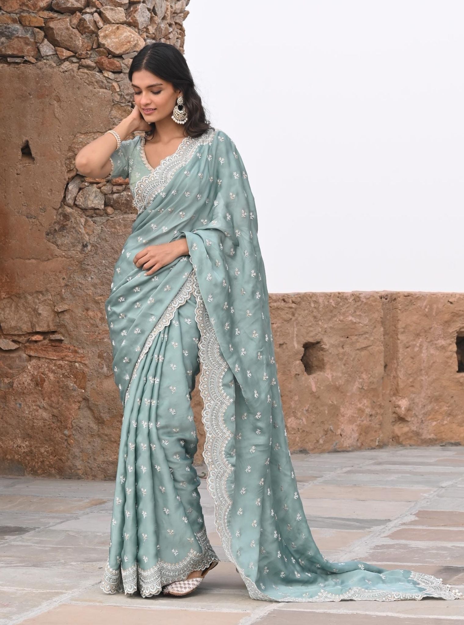 Bindiya Organza Satin Teal Blue Saree