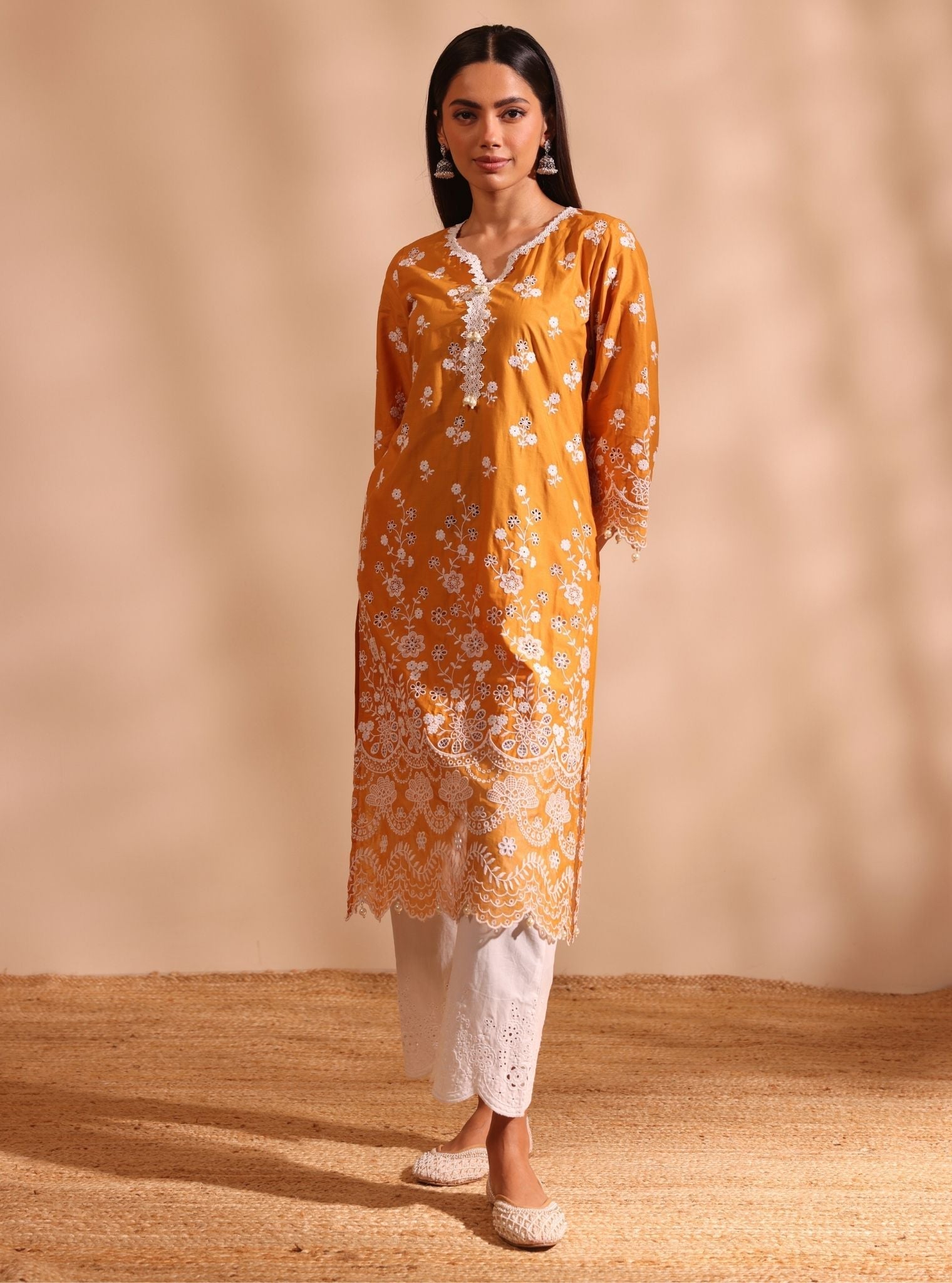 Mulmul Cotton Suma Orange Kurta With Mulmul Cotton Cosette White Pant