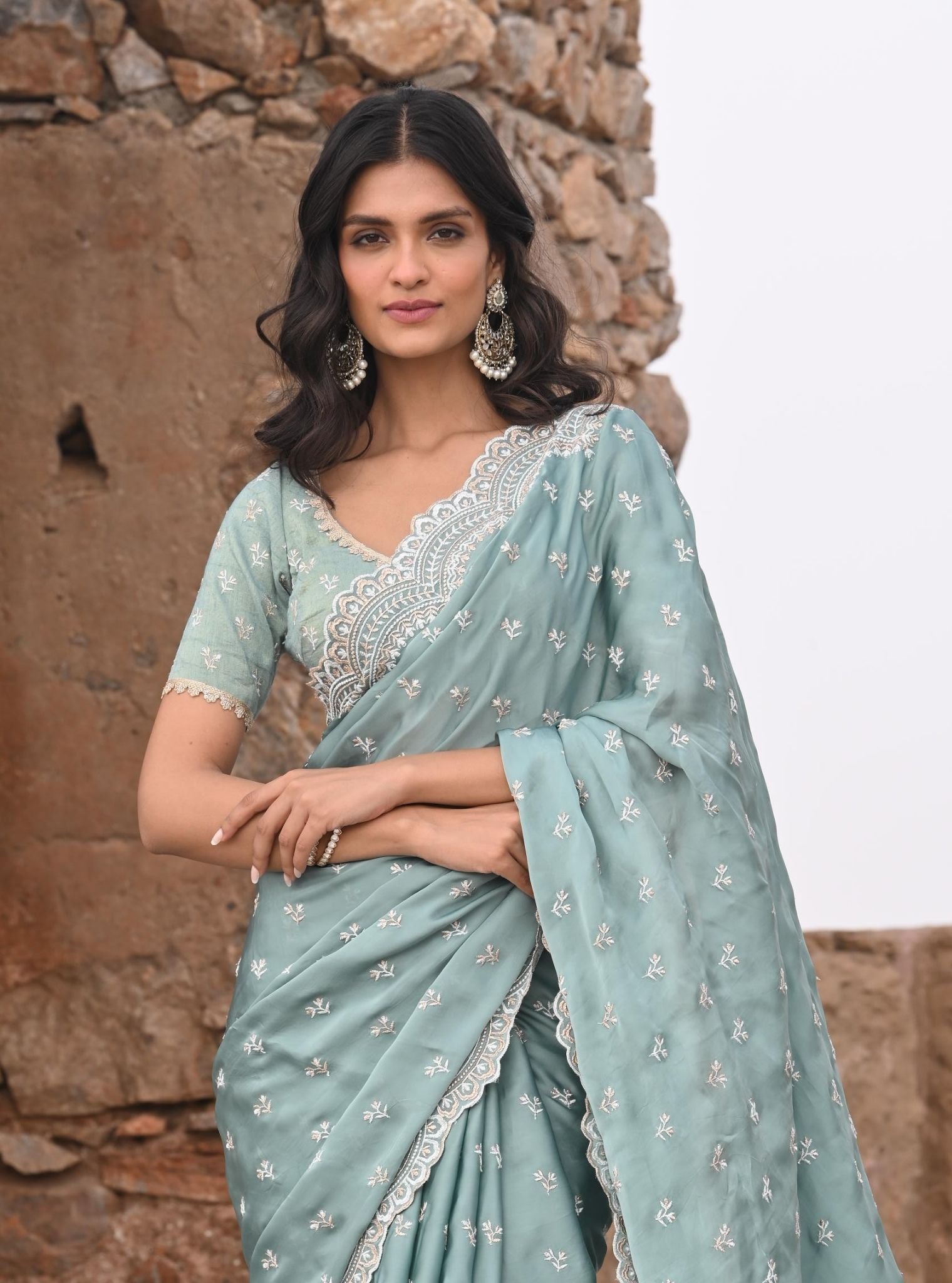 Bindiya Organza Satin Teal Blue Saree