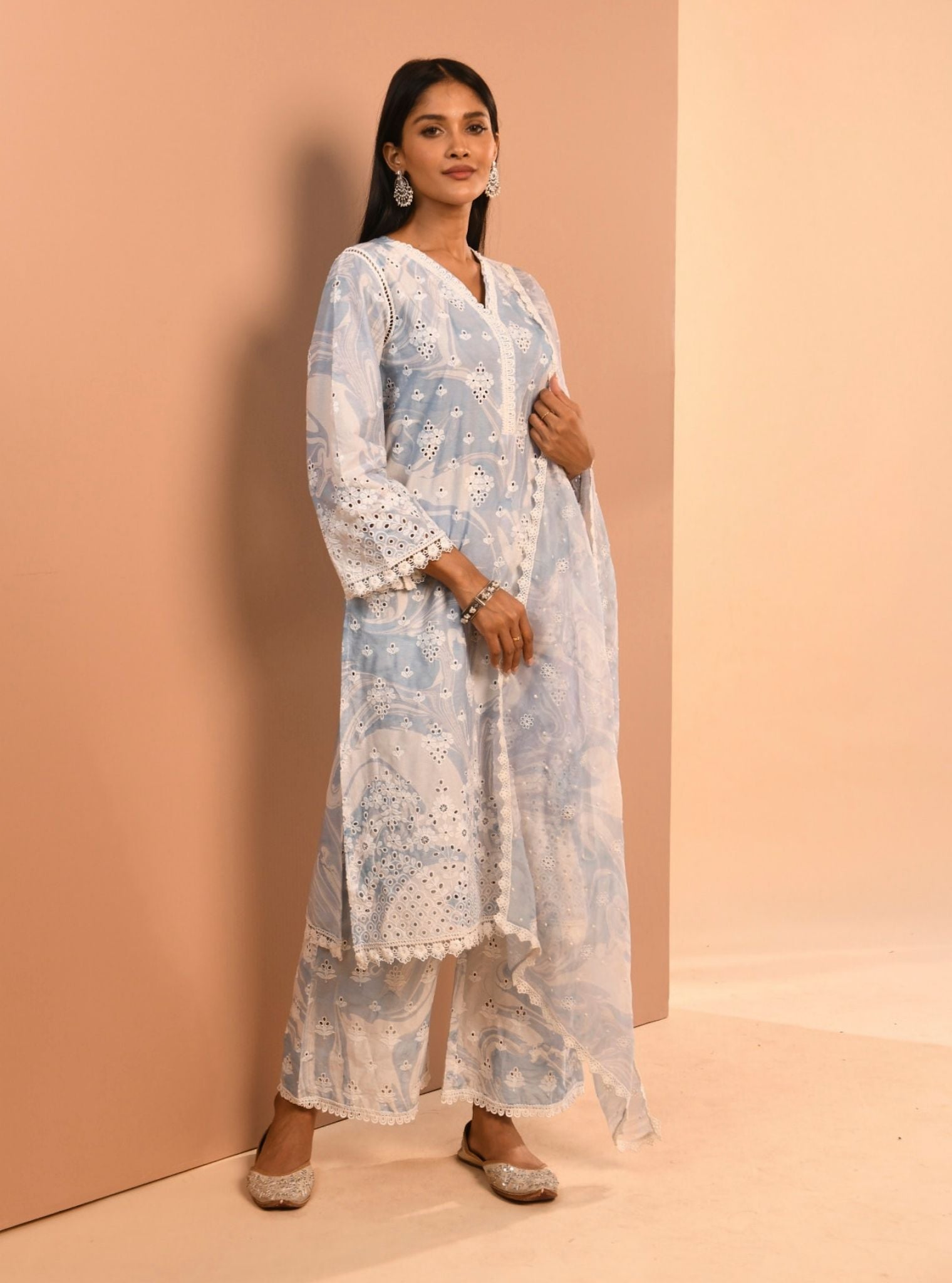 Mulmul Supima Cotton Marble Opal Blue Kurta