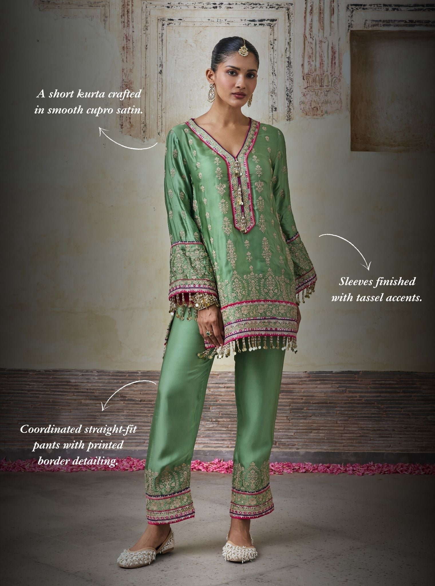 Yaira Cupro Satin Matcha Green Kurta Set