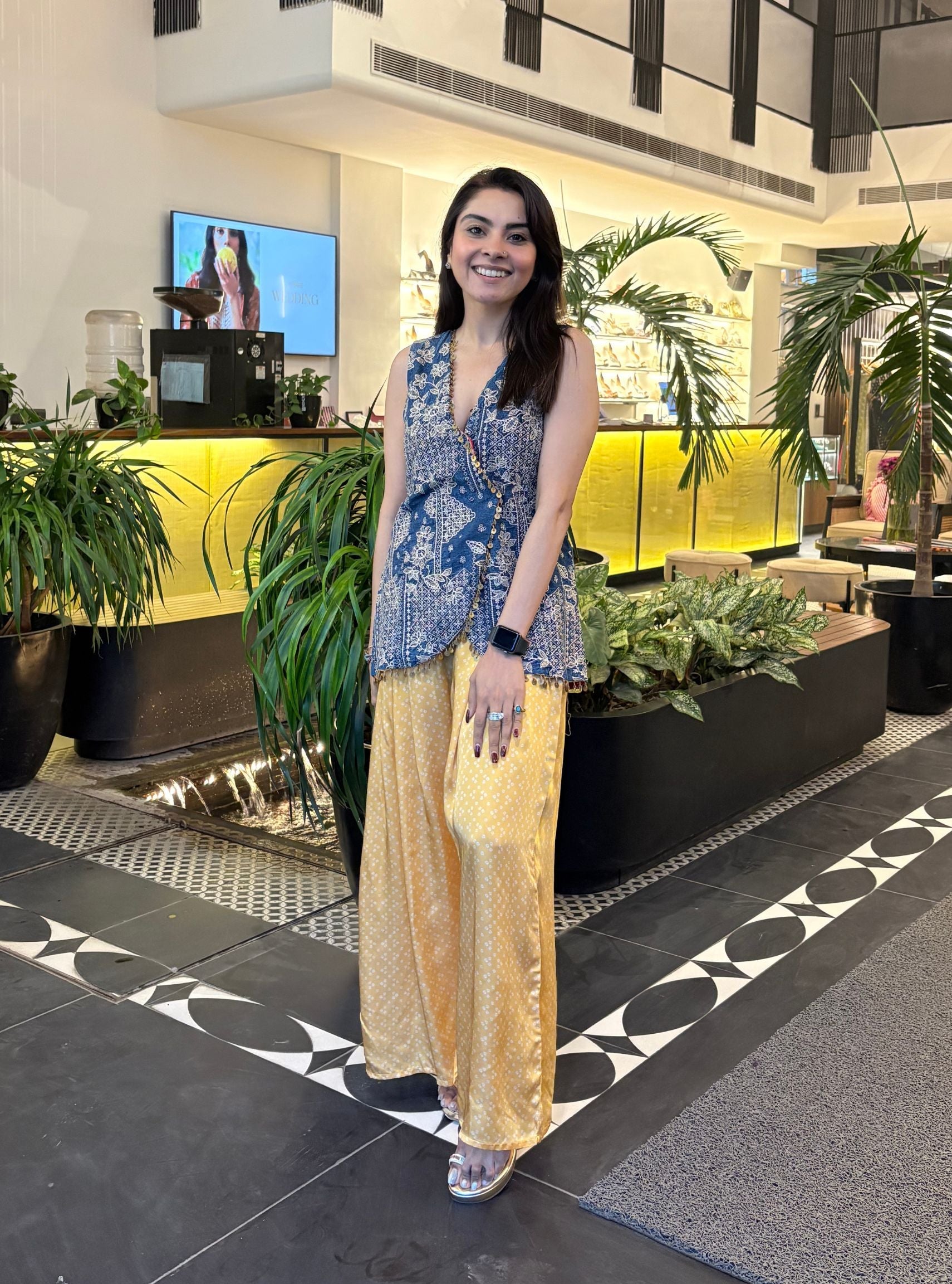 Lunira Denim Waistcoat With Cupro Satin Printed Mustard Pant