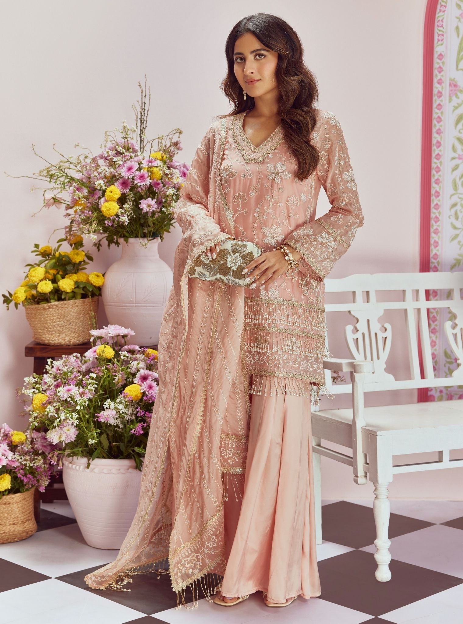 Mulmul Organza Raag Pink Kurta With Mulmul Cupro Satin Raag Pink Sharara