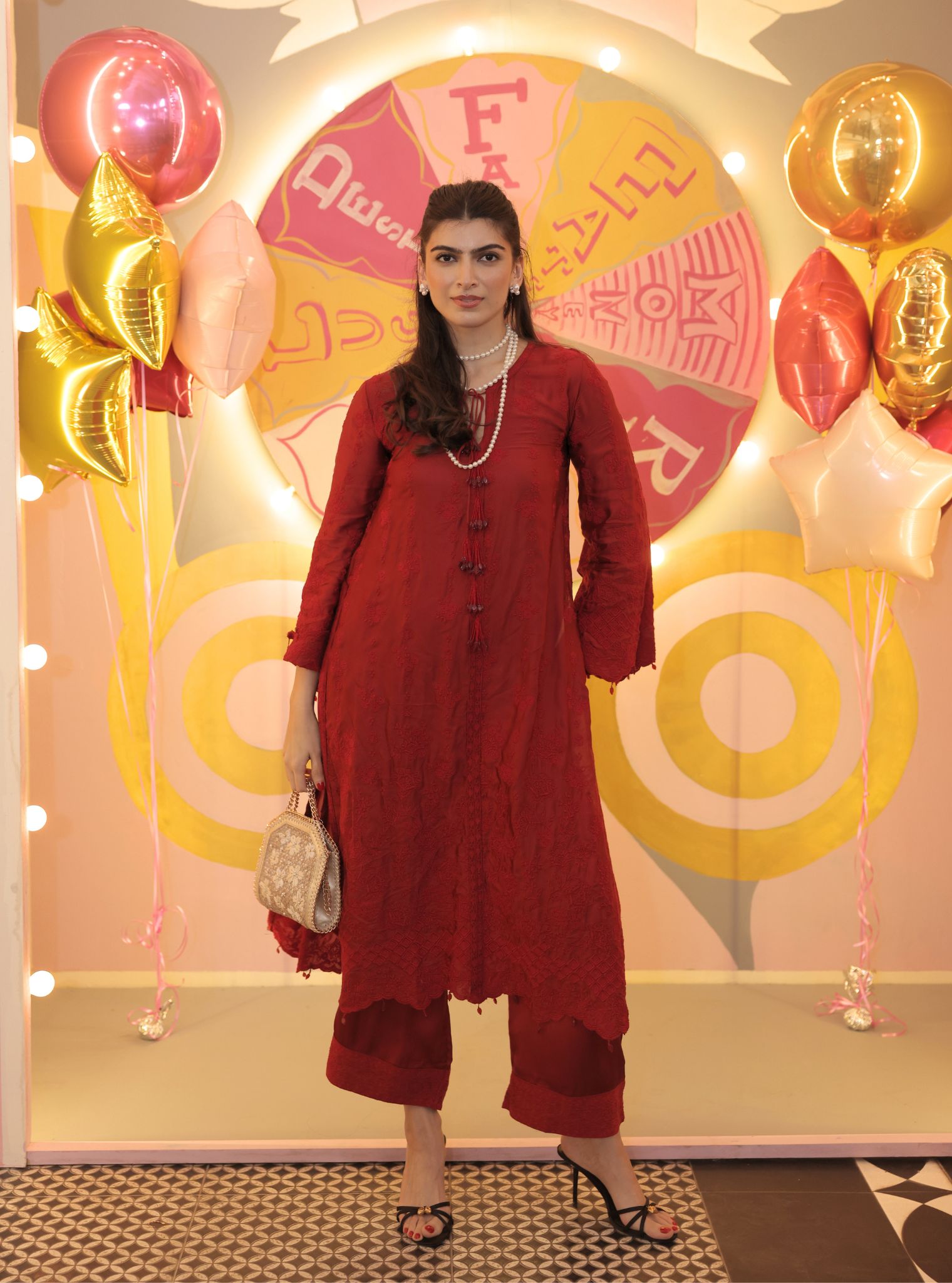 Arlette Cupro Satin Red Long Kaftan Set