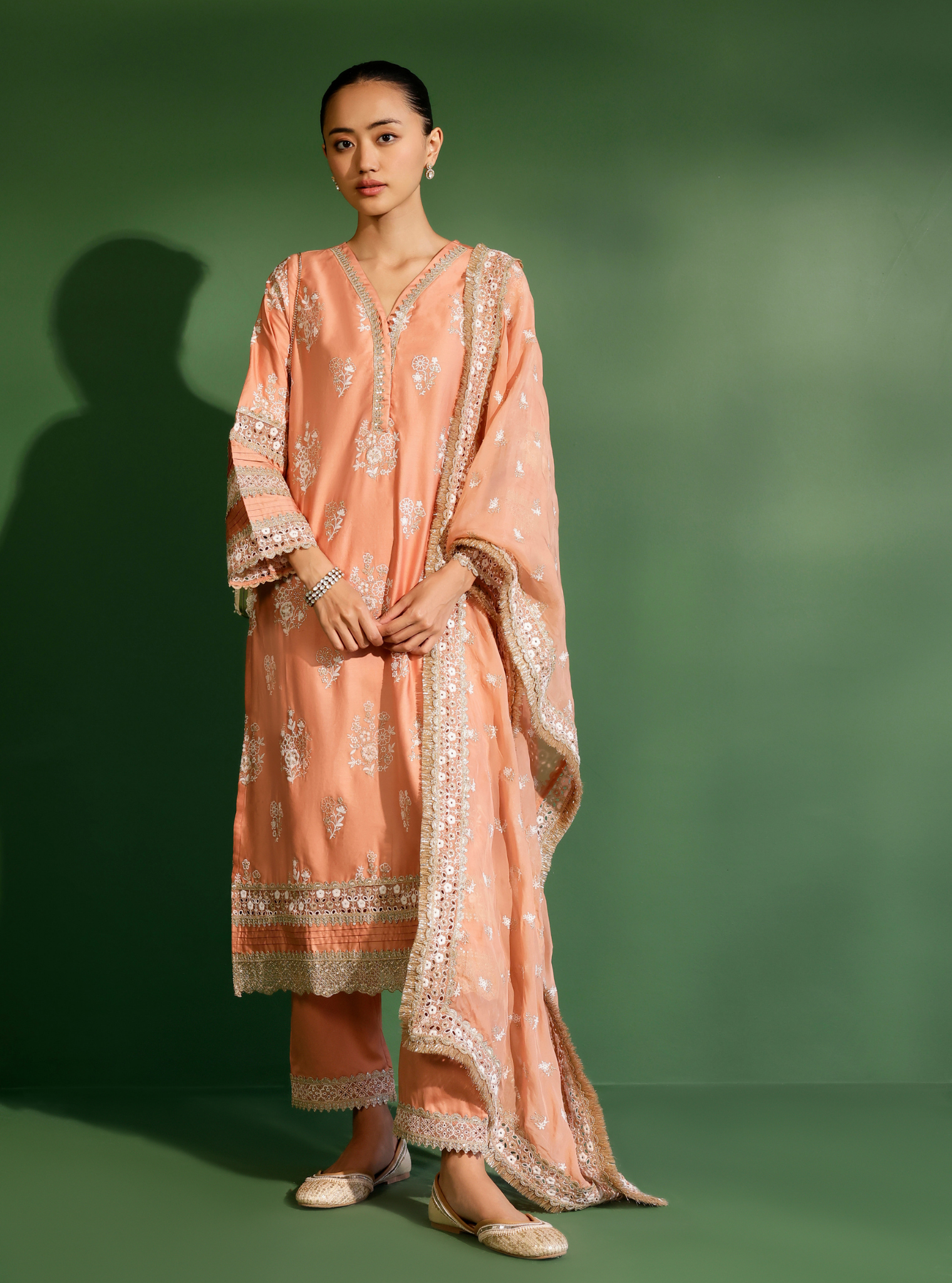 Nalin Pima Satin Peach Kurta Set