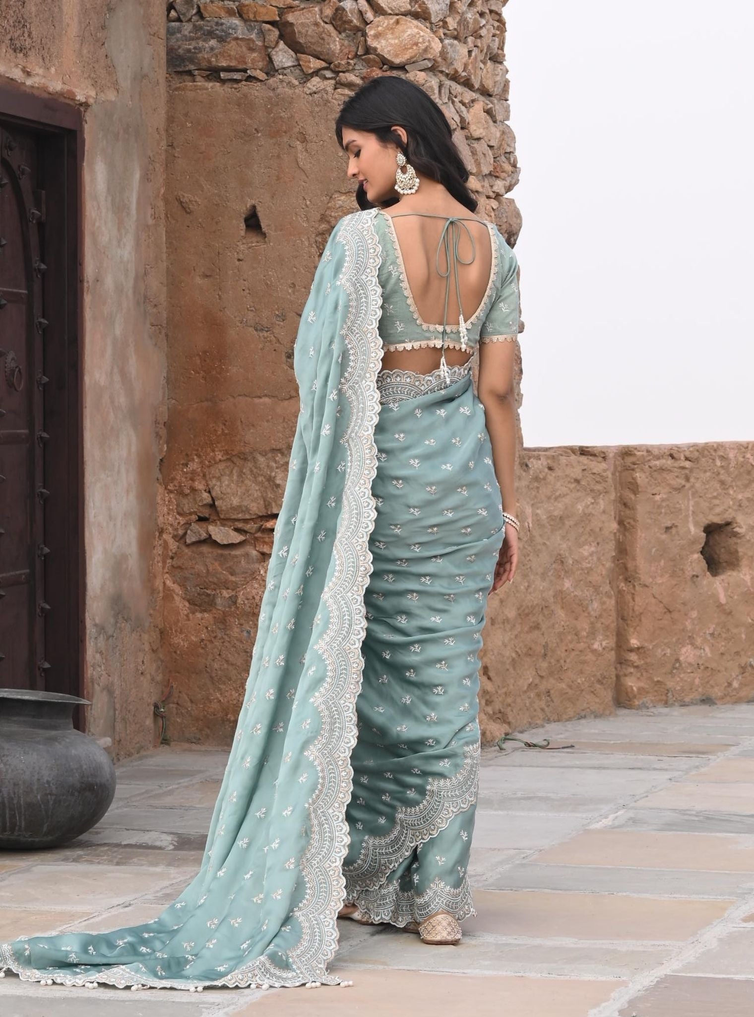 Bindiya Organza Satin Teal Blue Saree