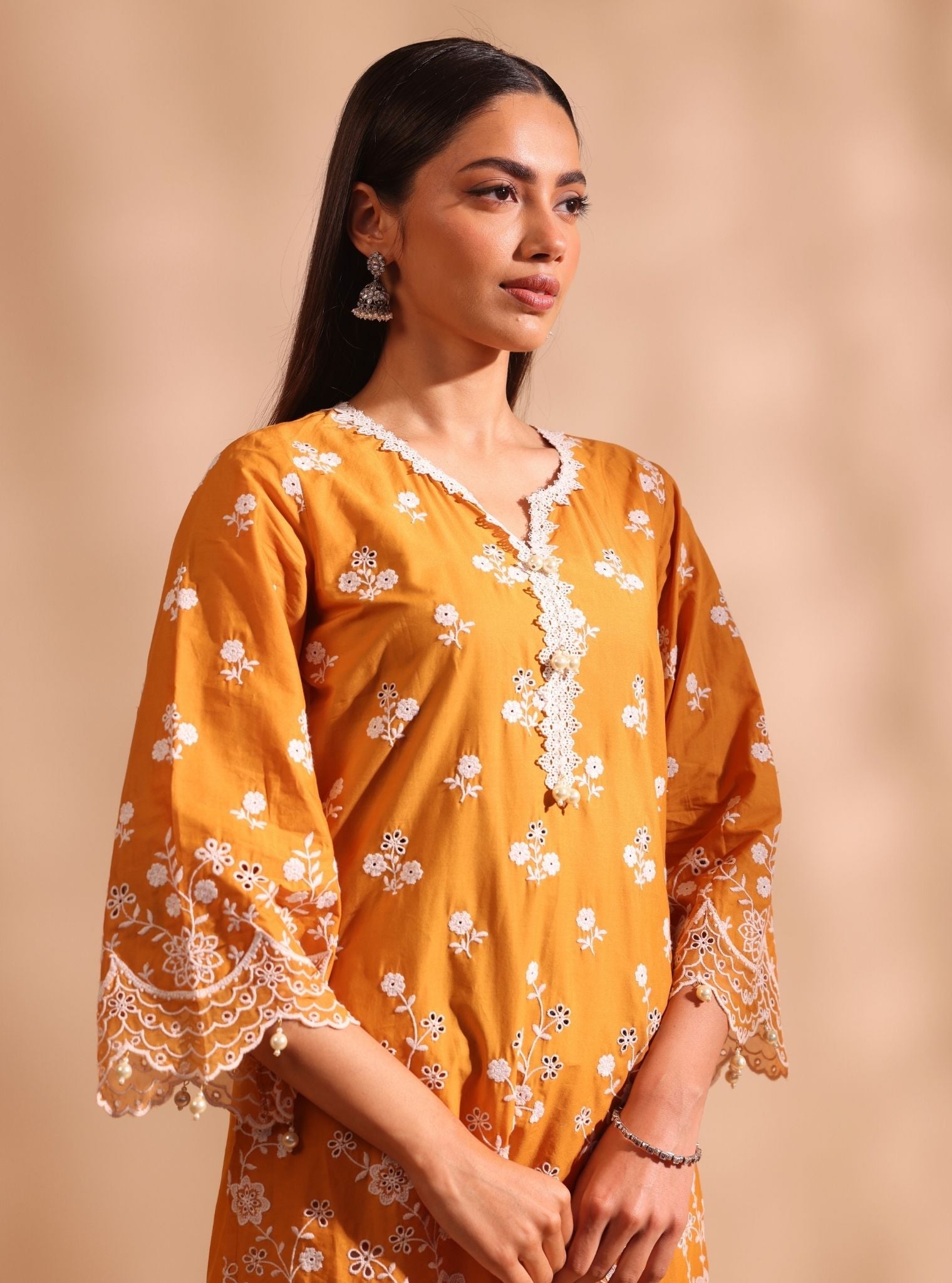 Mulmul Cotton Suma Orange Kurta With Mulmul Cotton Cosette White Pant