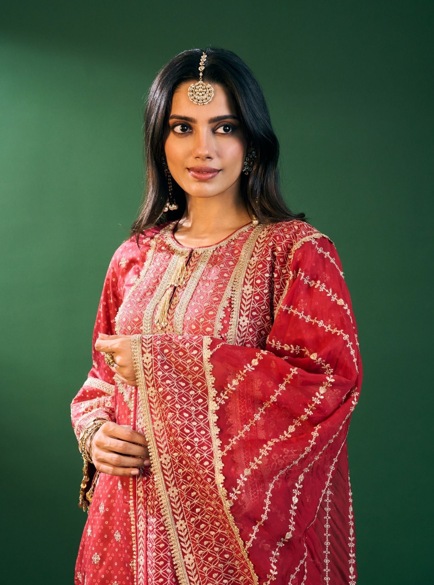 Mulmul Organza Lari Red Dupatta