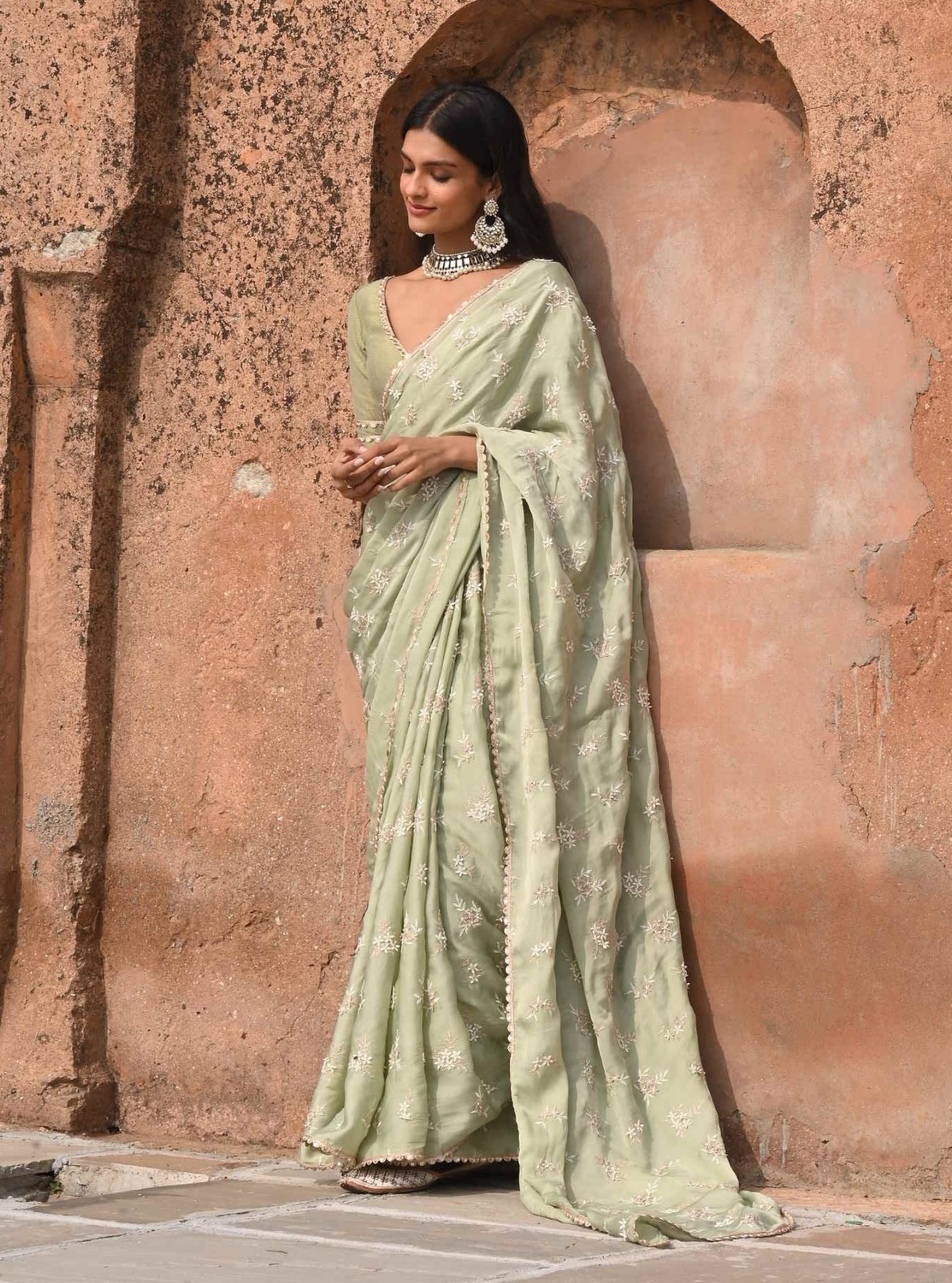Mitwa Organza Satin Sage Green Saree
