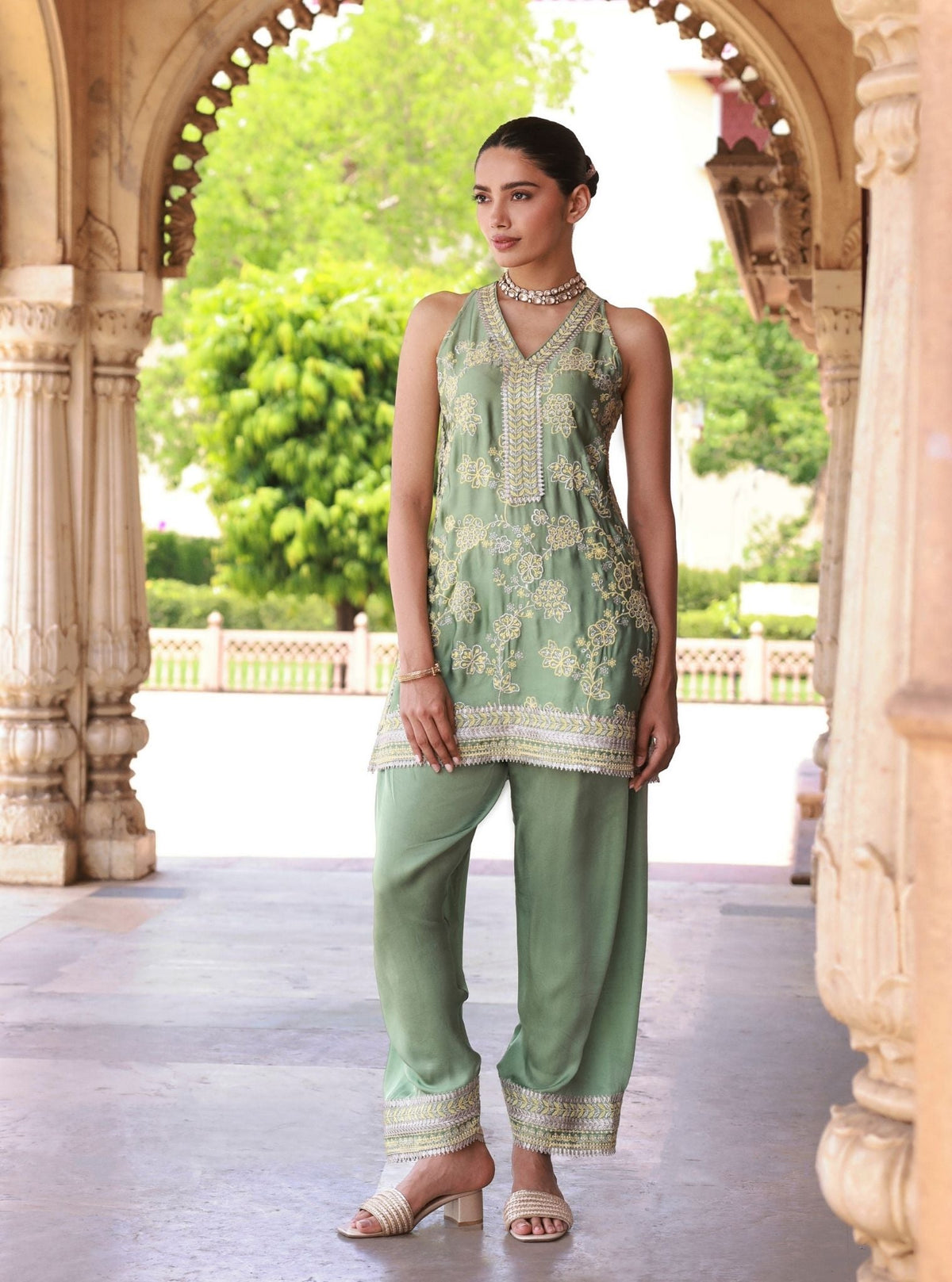 Jivara Bemberg Satin Green Kurta With Farshi Salwar
