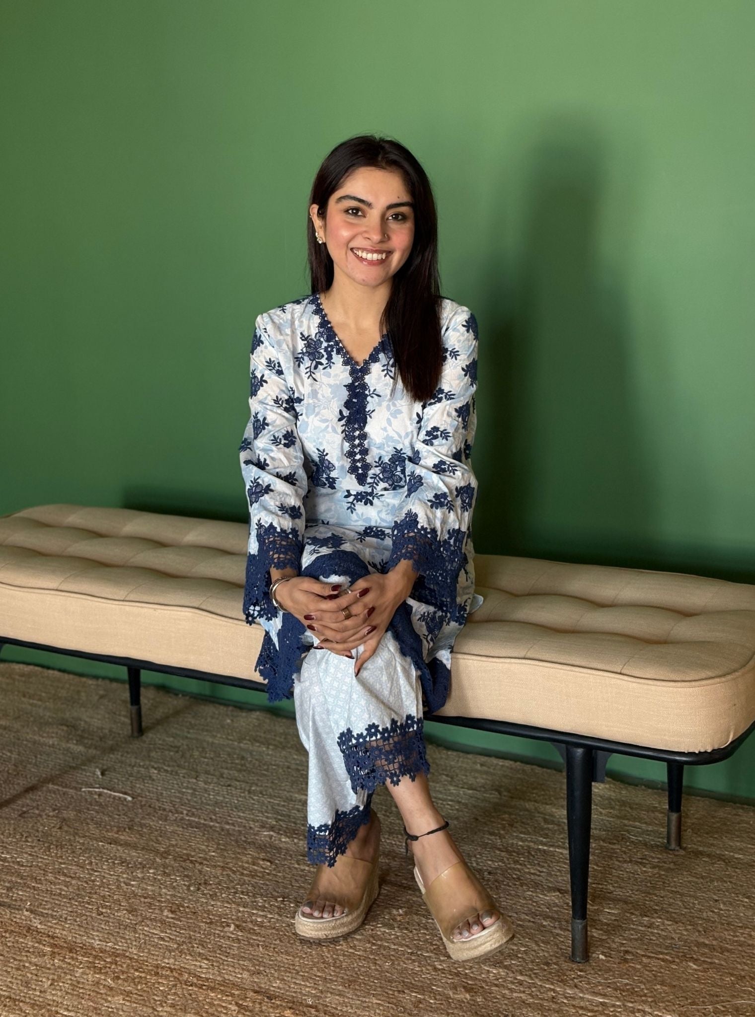 Yamya Supima Cotton Print Blue Kurta Set