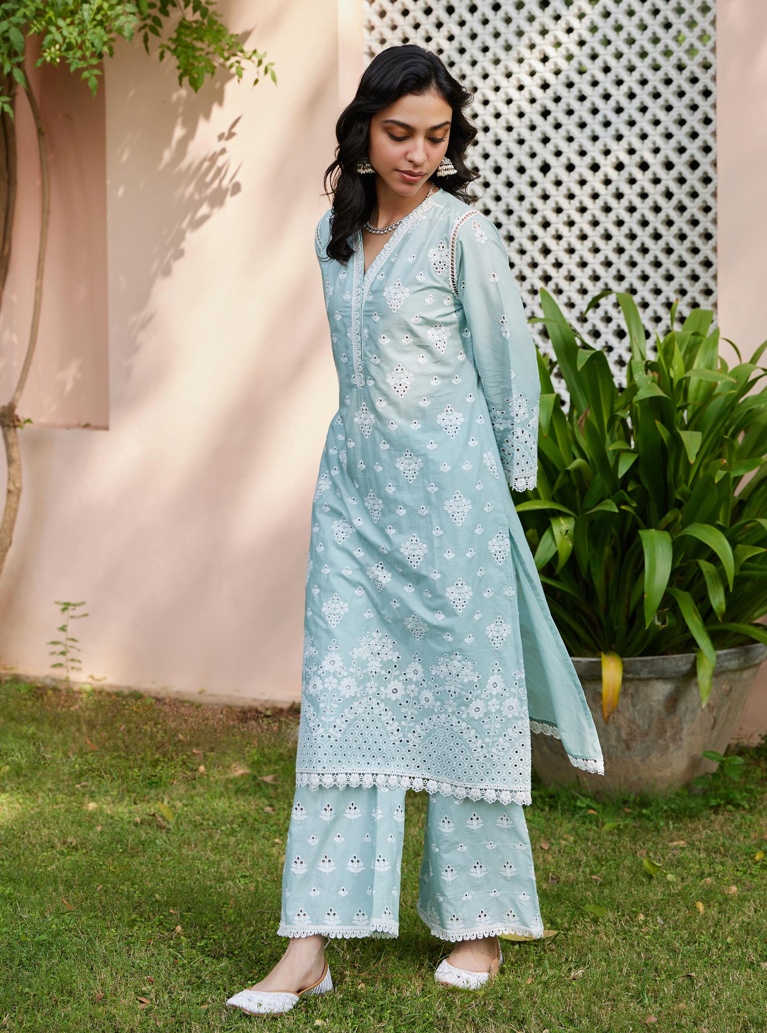 Mulmul Supima Cotton Peehu Light Blue Kurta
