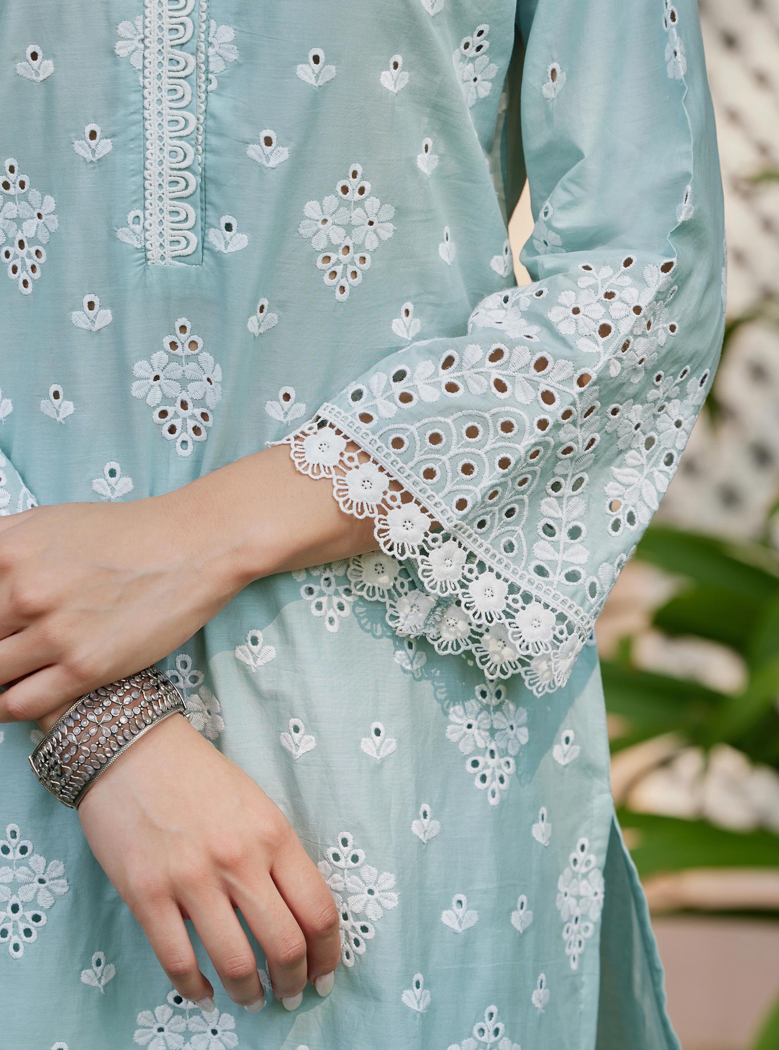 Mulmul Cotton Peehu Light Blue Kurta with Cotton Satari White Pant