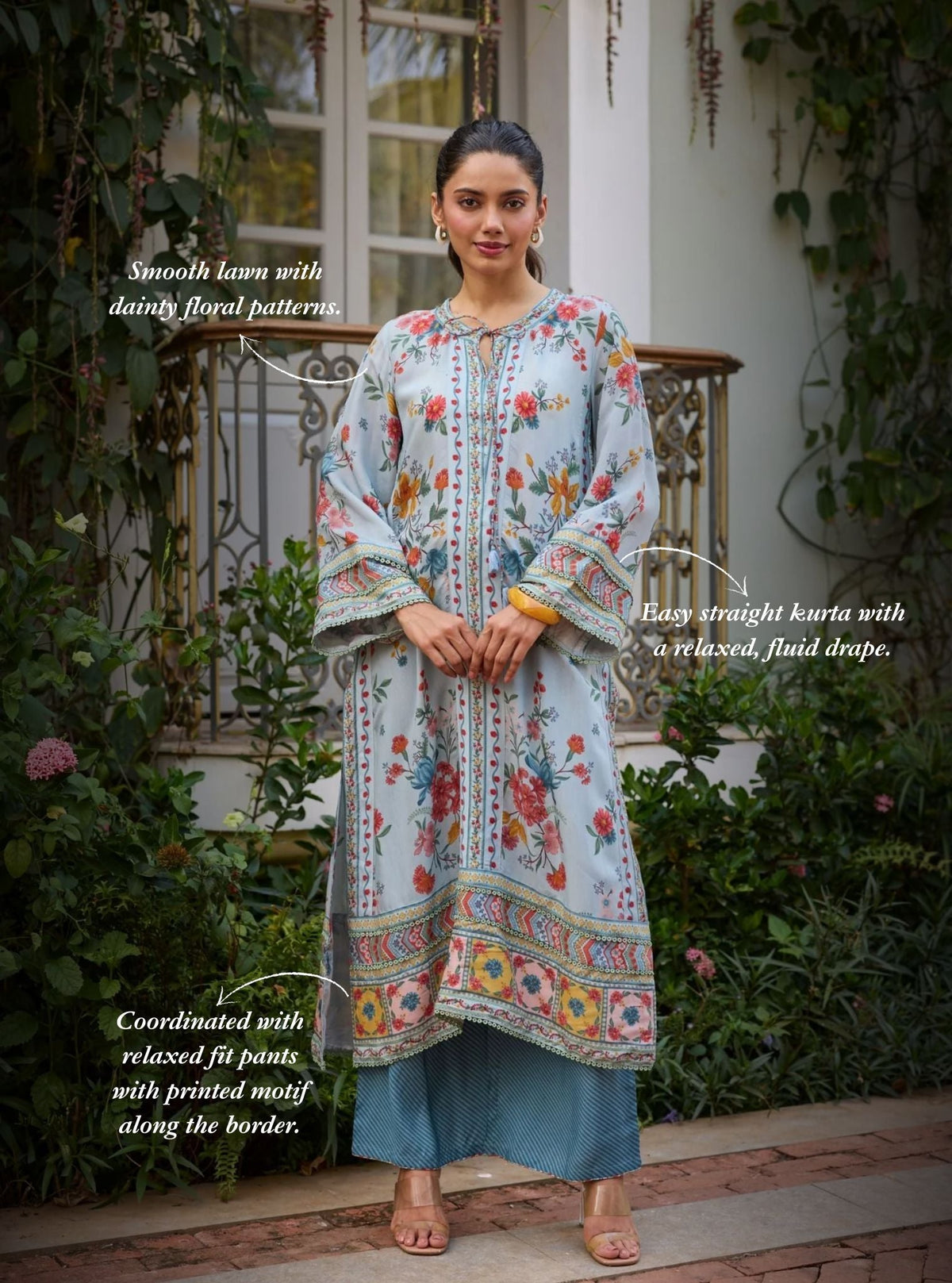 Erohi Lawn Blue Long Kaftan Co-ord Set