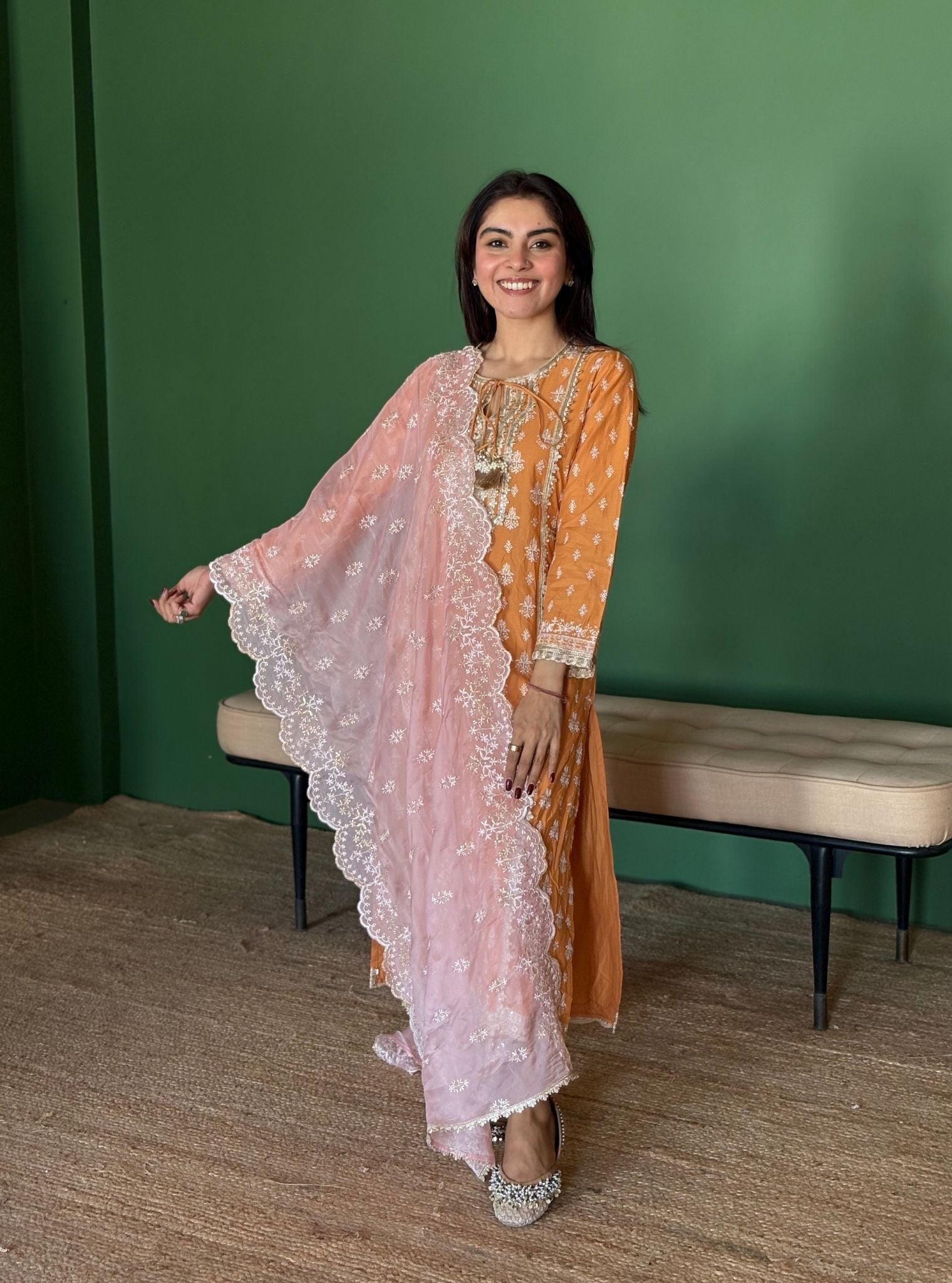 Kuhoo Supima Cotton Orange Kurta Set