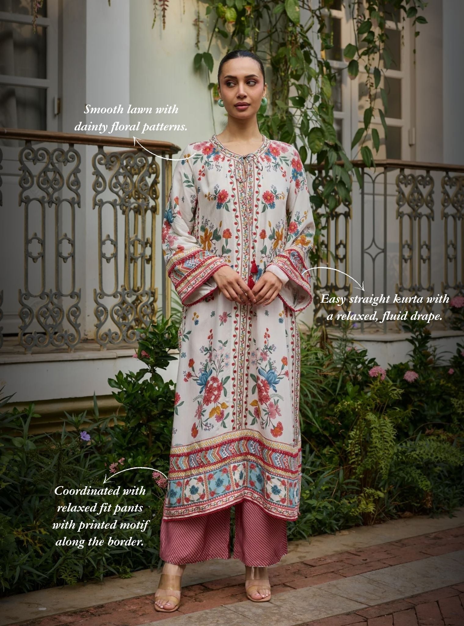 Erohi Lawn Off White Long Kaftan Co-ord Set