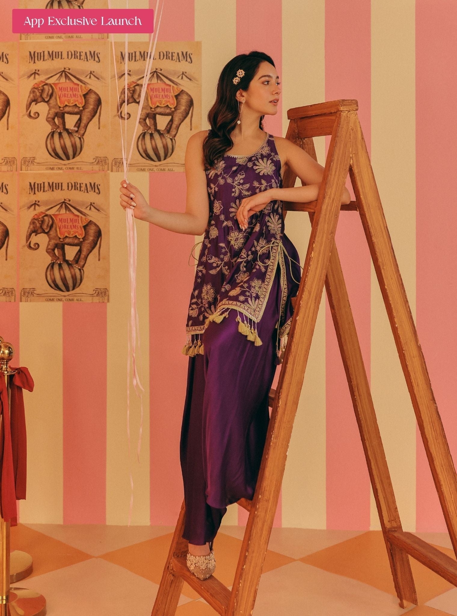 Zani Cupro Satin Purple Kurta with Draped Pants