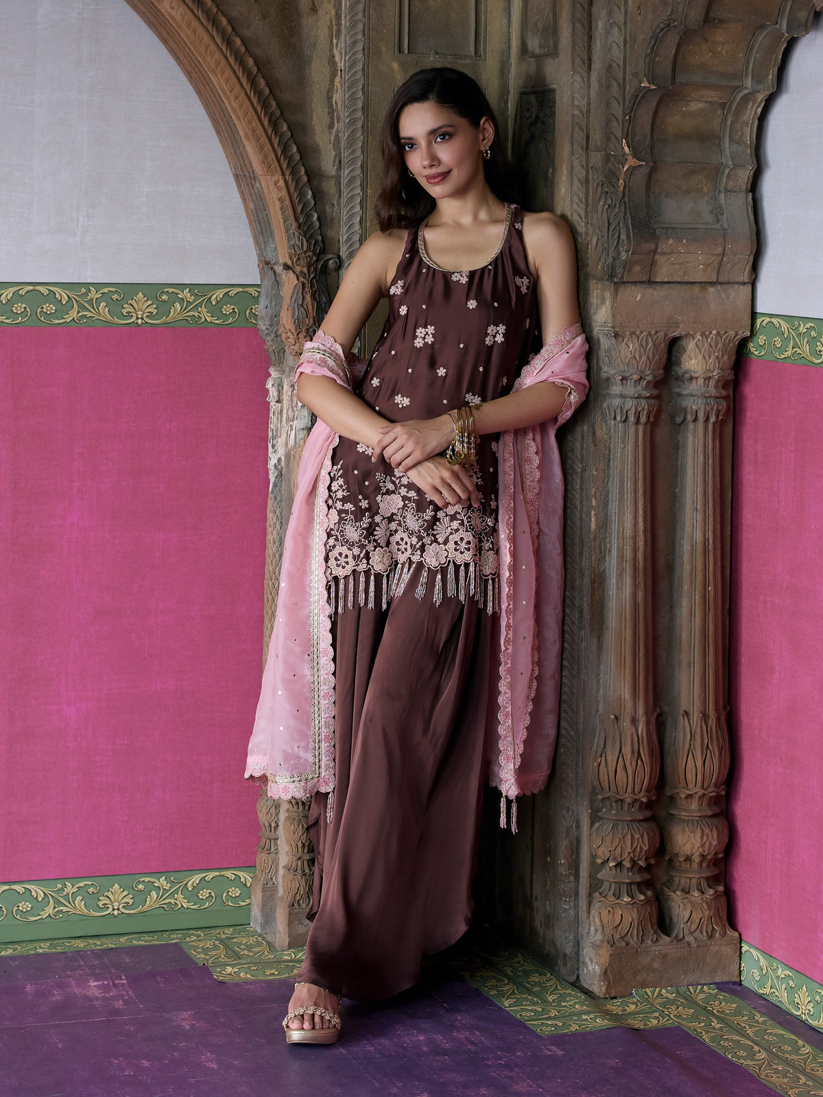 Nemi Cupro Satin Brown Short Kurta with Draped Pants
